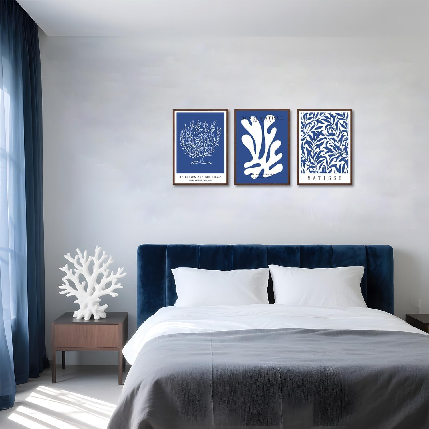 lianyibo Henri Matisse, niebiesko-białe abstrakcyjne linie botaniczne, nowoczesny plakat minimalistyczny, dekoracja domu (60 x 80 cm x 3 / rama wewnętrzna)