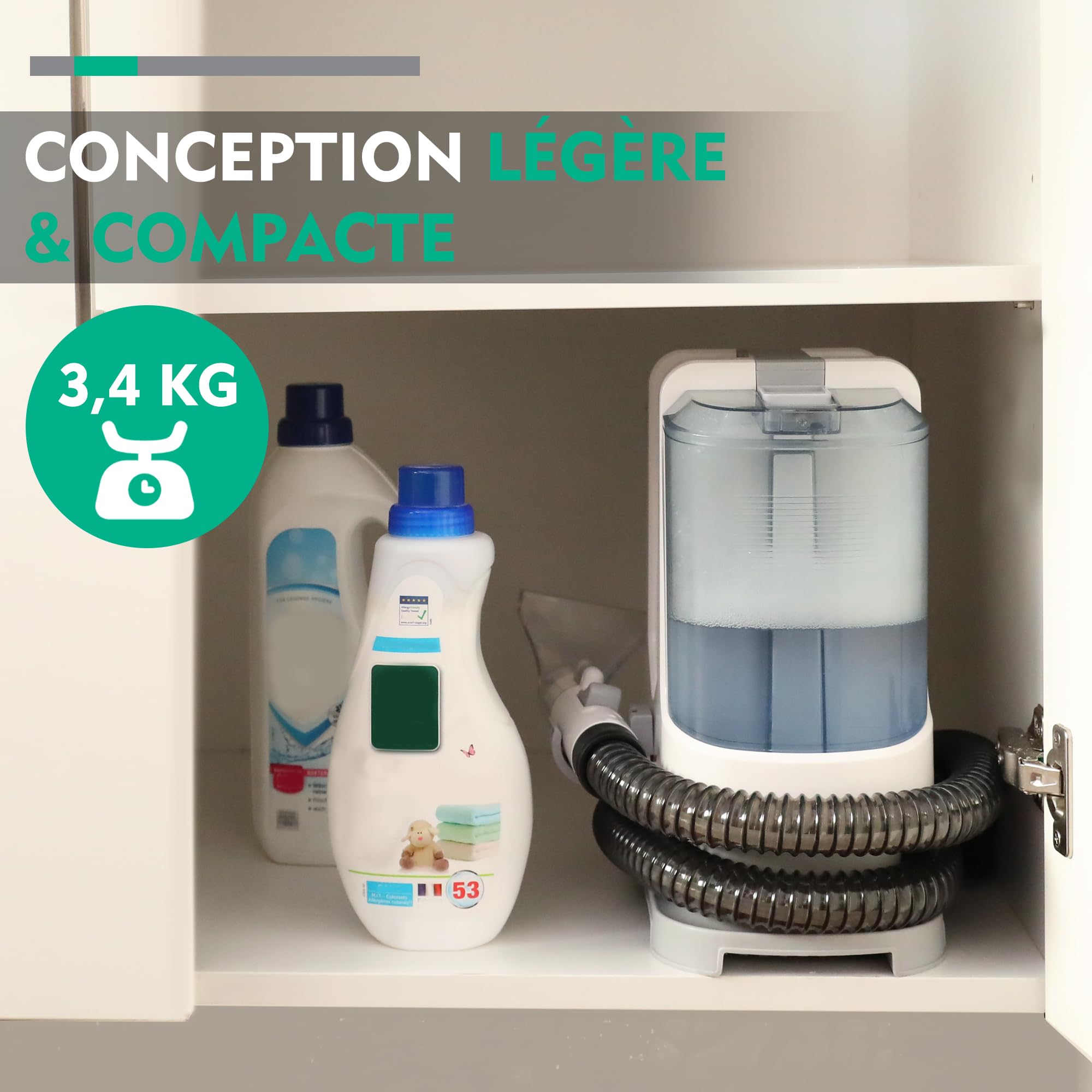 HAUSHOF StainZapper Shampouineuse, Nettoyeur de Tapis 400W, Nettoyeur Moquettes avec Double Réservoirs 1,1L+0,5L, Tuyau 1,2m, 85dB, 2 Buses pour Voiture/Coussins/Rideaux/Animaux, Accessoires Inclus