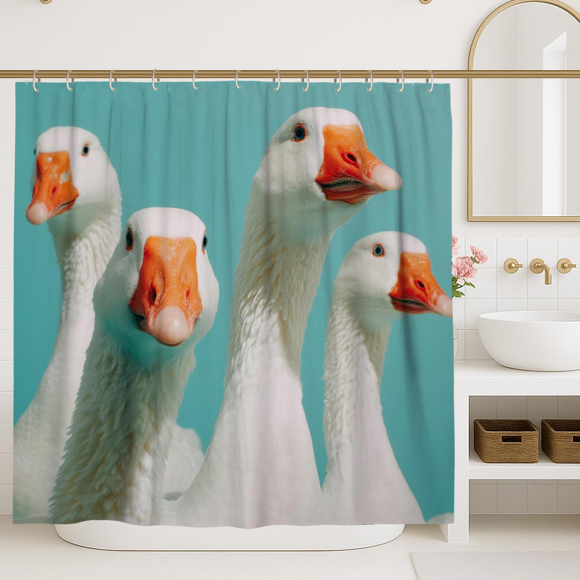 Fanciful Goose Shower Curtain, Vibrant Aqua Blue Bathroom Decor, Spring Adventure Modern Farmhouse Style Waterproof Fabric Curtain with Hooks 72x72 Inch