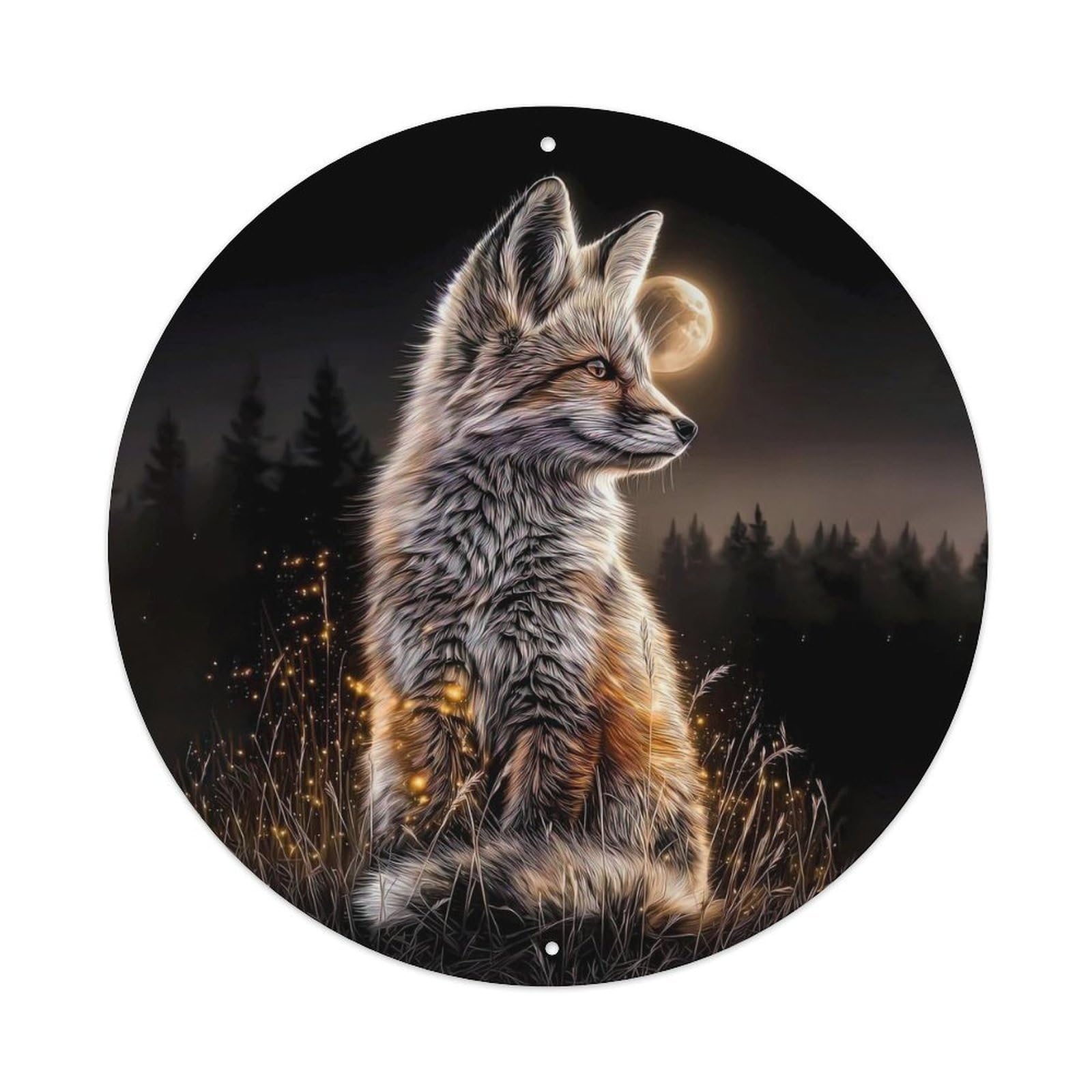 Animal Fox Moonlight Forest Glowing Wildlife Fantasy Illustration Vintage Metal Tin Sign Plaque Wall Decor for Cafe, Club Bar, Office, Garden Metal Poster 8x8Inch