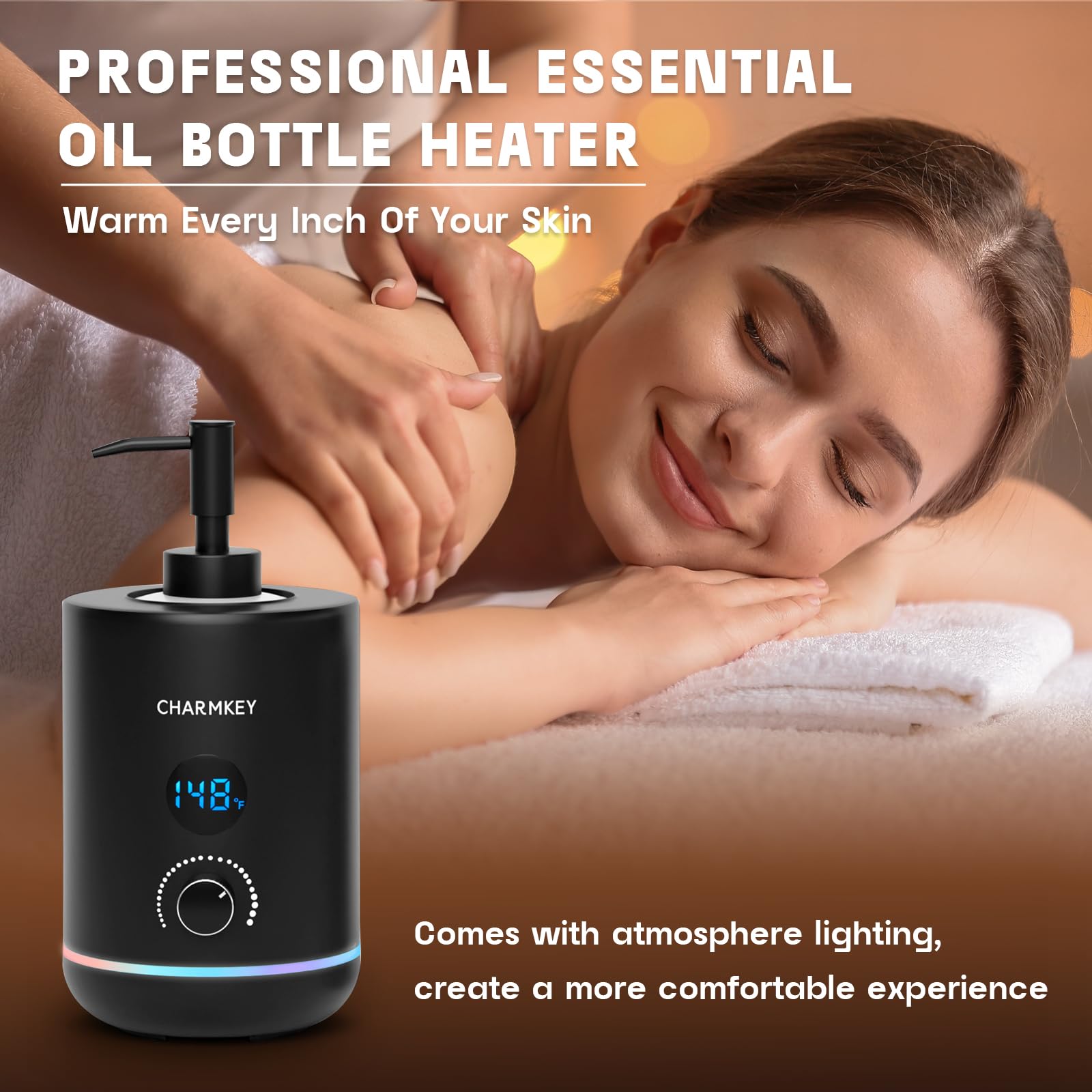 CHARMKEY Calentador de aceite de masaje para spa, dispensador de 2 botellas, temperatura ajustable (negro)