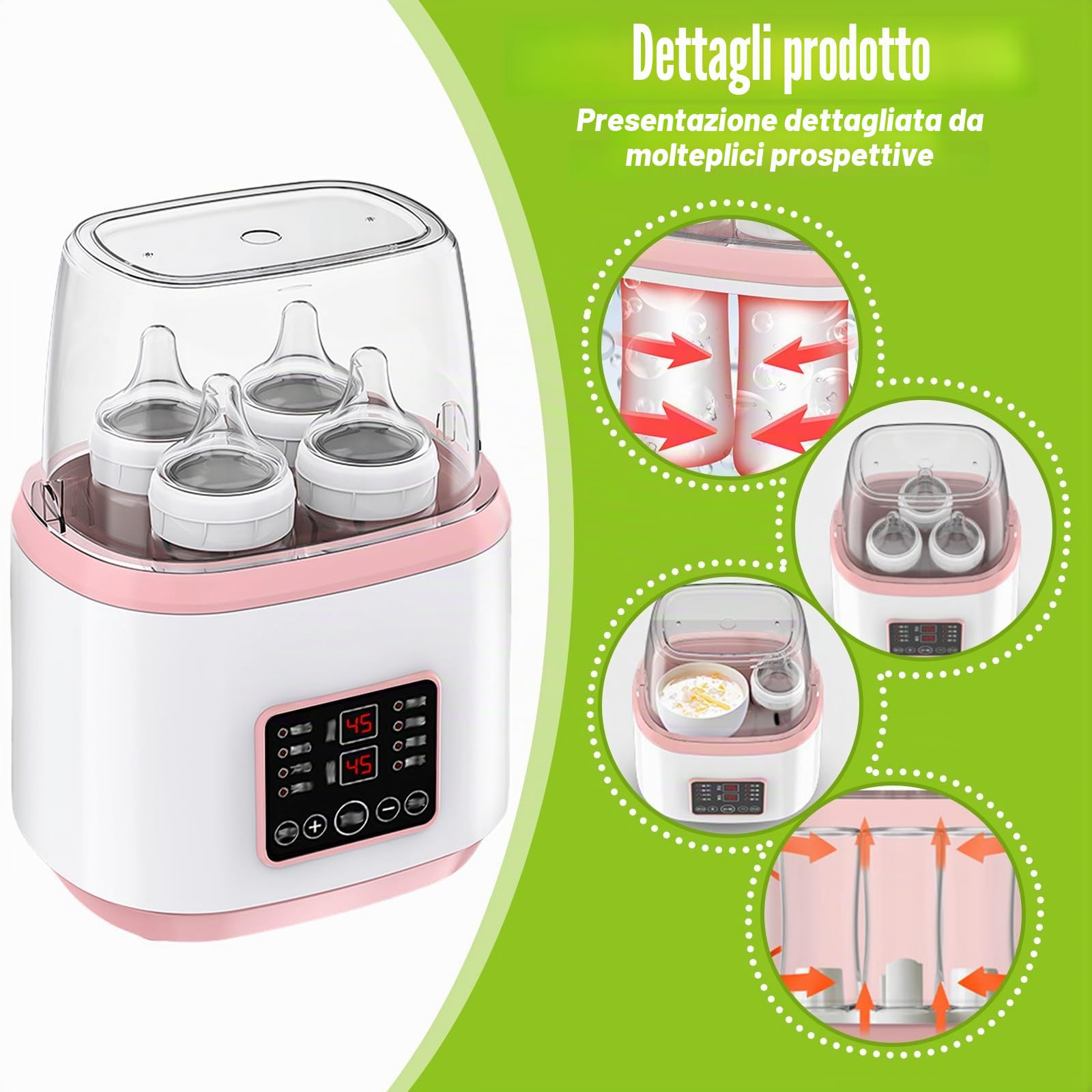 8 in 1 scaldabiberon, sterilizzatore per biberon, scaldabiberon rapido per neonati, scaldabagno e sbrinamento con display LCD, senza BPA, rosa
