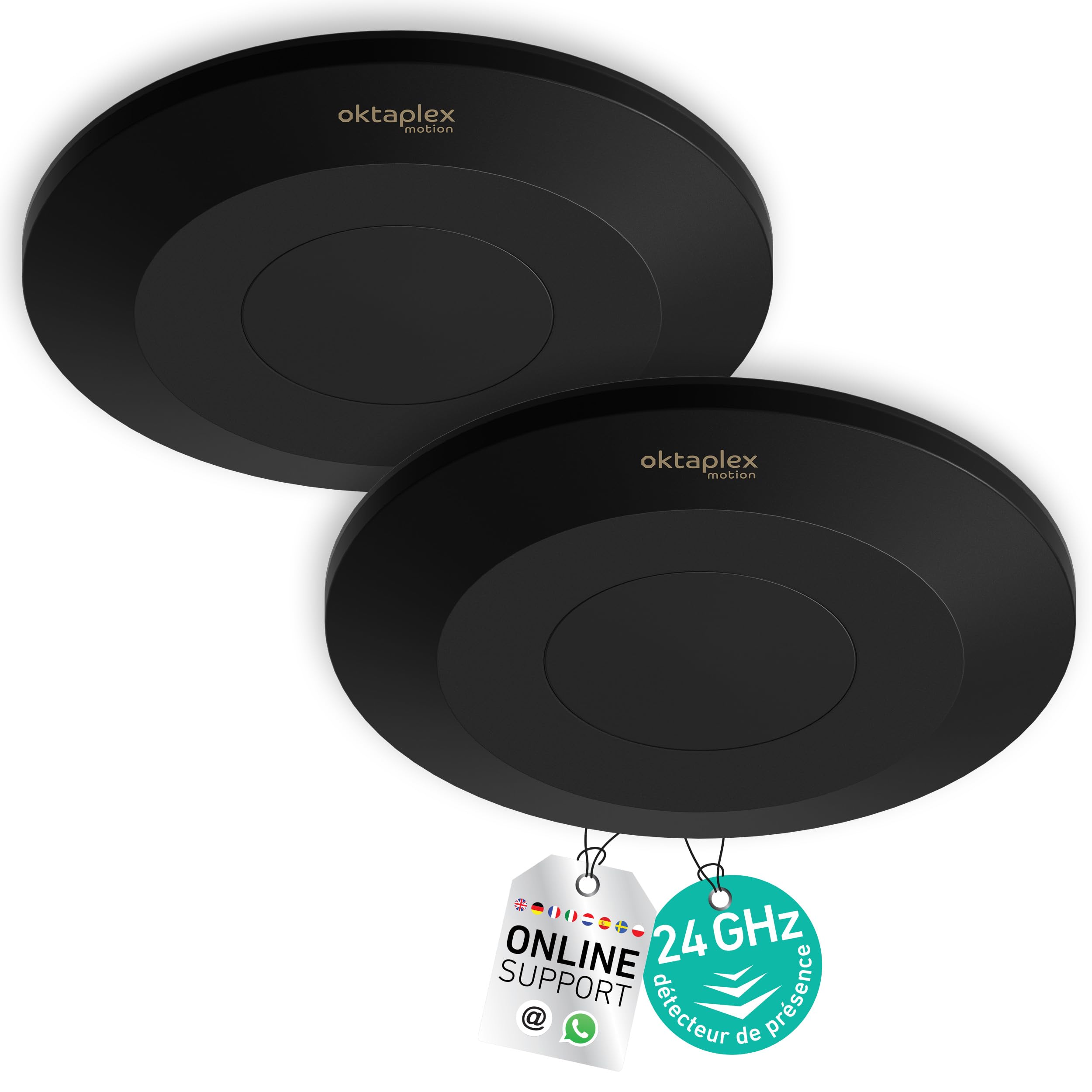 Oktaplex Isa - Set di 2 rilevatori di presenza a soffitto, ultra piatti, 22 mm, sensore radar da 24 GHz, sensore di rilevamento della presenza, sensore di movimento HF a 360°