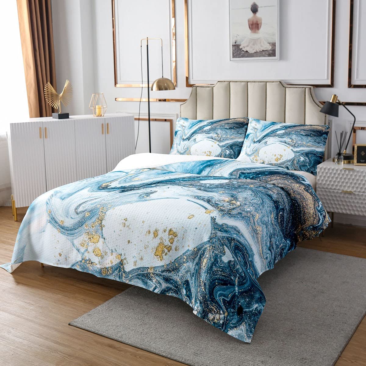 Set Copriletto In Microfibra Marmo Bianco-blu-oro - Trapunta Arte Astratta, Matrimoniale 241x218 Cm
