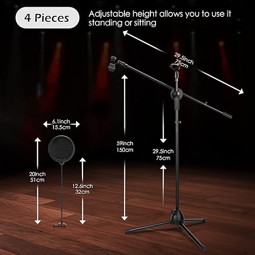 Miniatura 2 de 4 piezas de soporte de micrófono de trípode ajustable con clip de micrófono y parabrisas plegable para transmisión en vivo canto actuación en