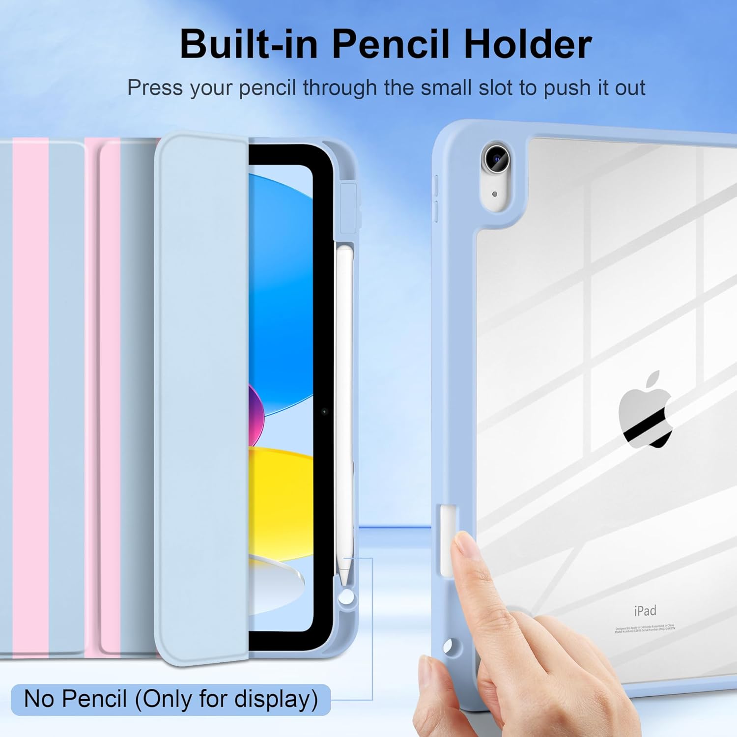 MEEgoodo for iPad A16 11th Generation Case 2025 11 inch, Tablet Cases for iPad 10th Generation 2022, Tablet Cover with Silk Texture & PC Clear Back Cover, Pastel Pink & Blue Stripes