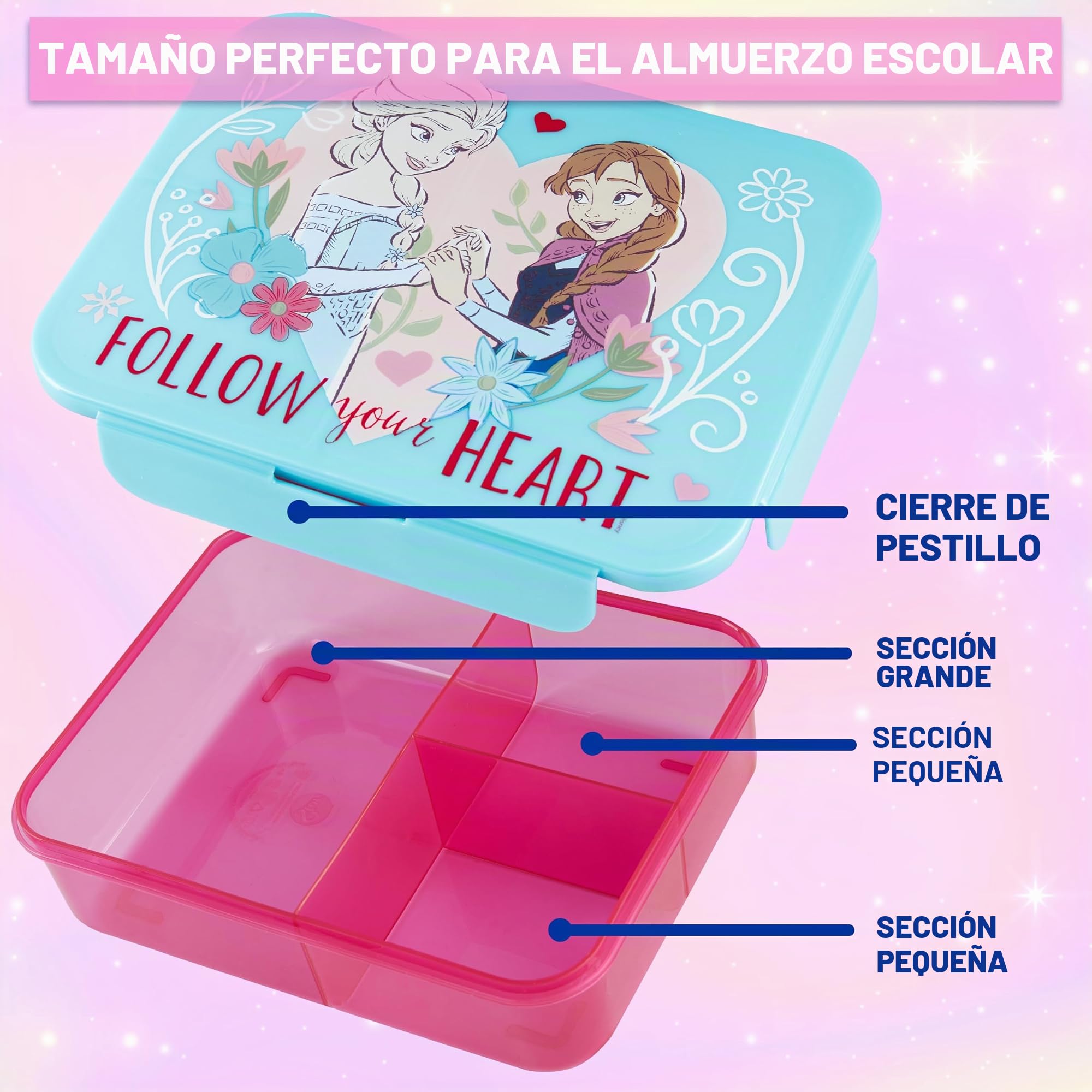 Get Trend Disney Frozen Fiambrera Niña y Botella 640 ml Set, Bento Box 1,75 L con Compartimentos, Apto Microondas y Lavavajillas, Sin BPA para Escuela y Ocio, Regalo Niña (Turquesa Frozen)