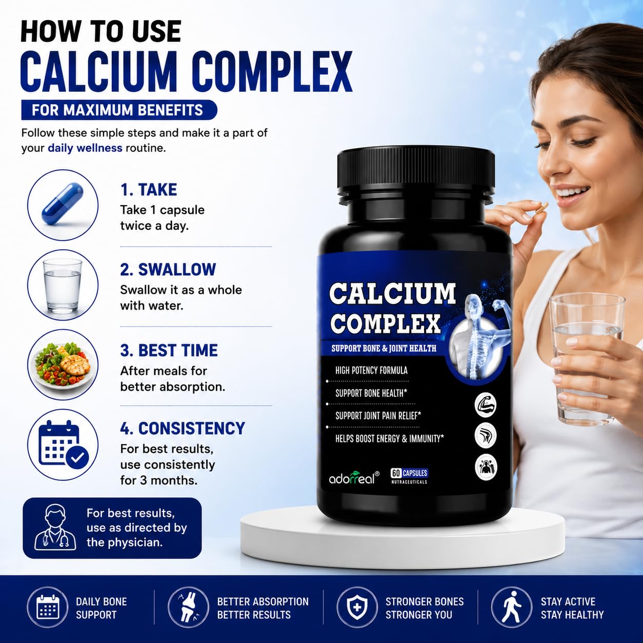 Adorreal Calcium Complex Capsules with Calcium, Magnesium, Vitamin D3 & Zinc | Bone Health & Muscle Function Support | Supports Energy & Immunity | Vegetarian Capsules | 60 Capsules 3