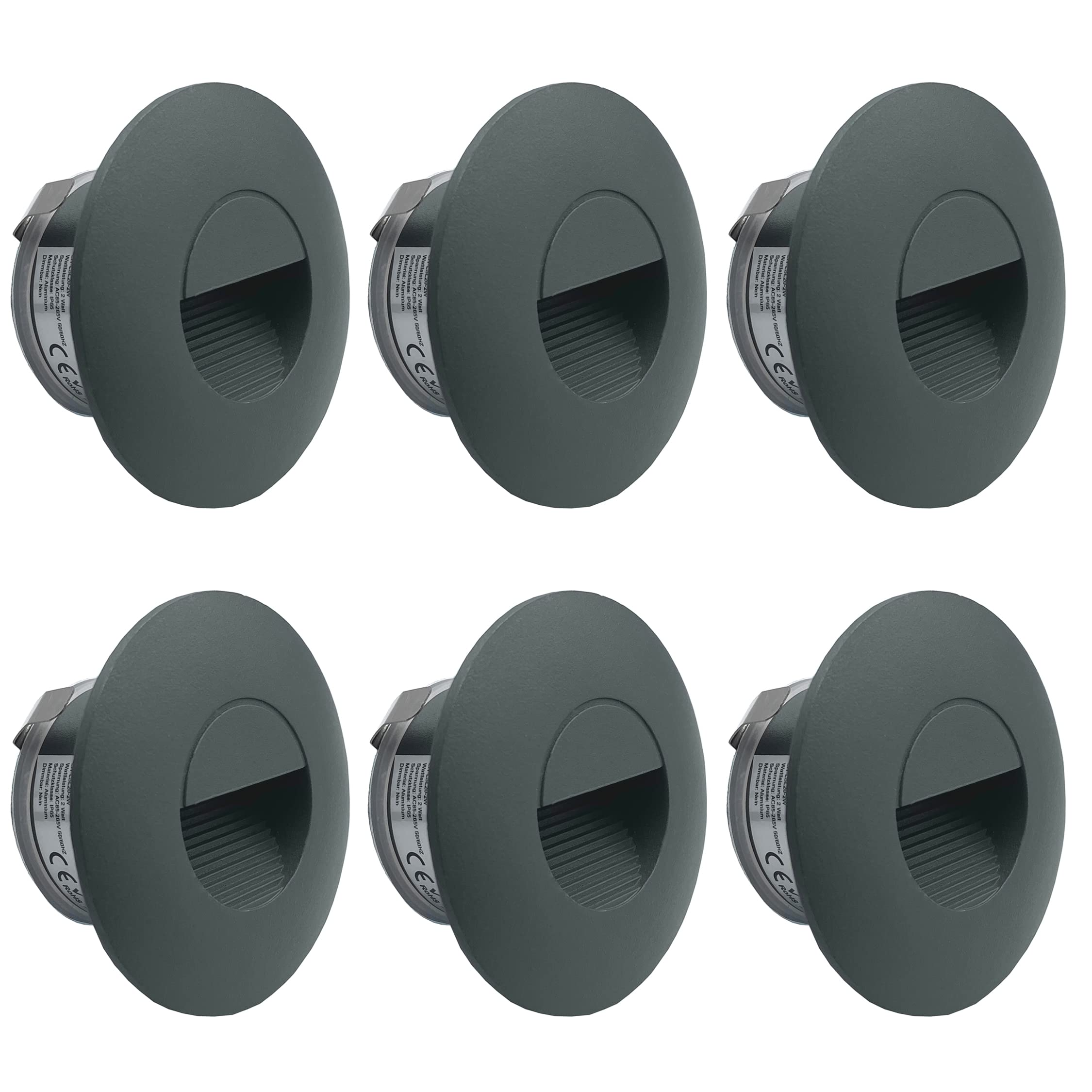 LIGHTWORLD24 LED Treppenbeleuchtung Wand Einbauleuchte GRAU 6er SET | Wandleuchte, Für Unterputzdose, IP65 wasserdicht, Neutral-Weiß 180lm