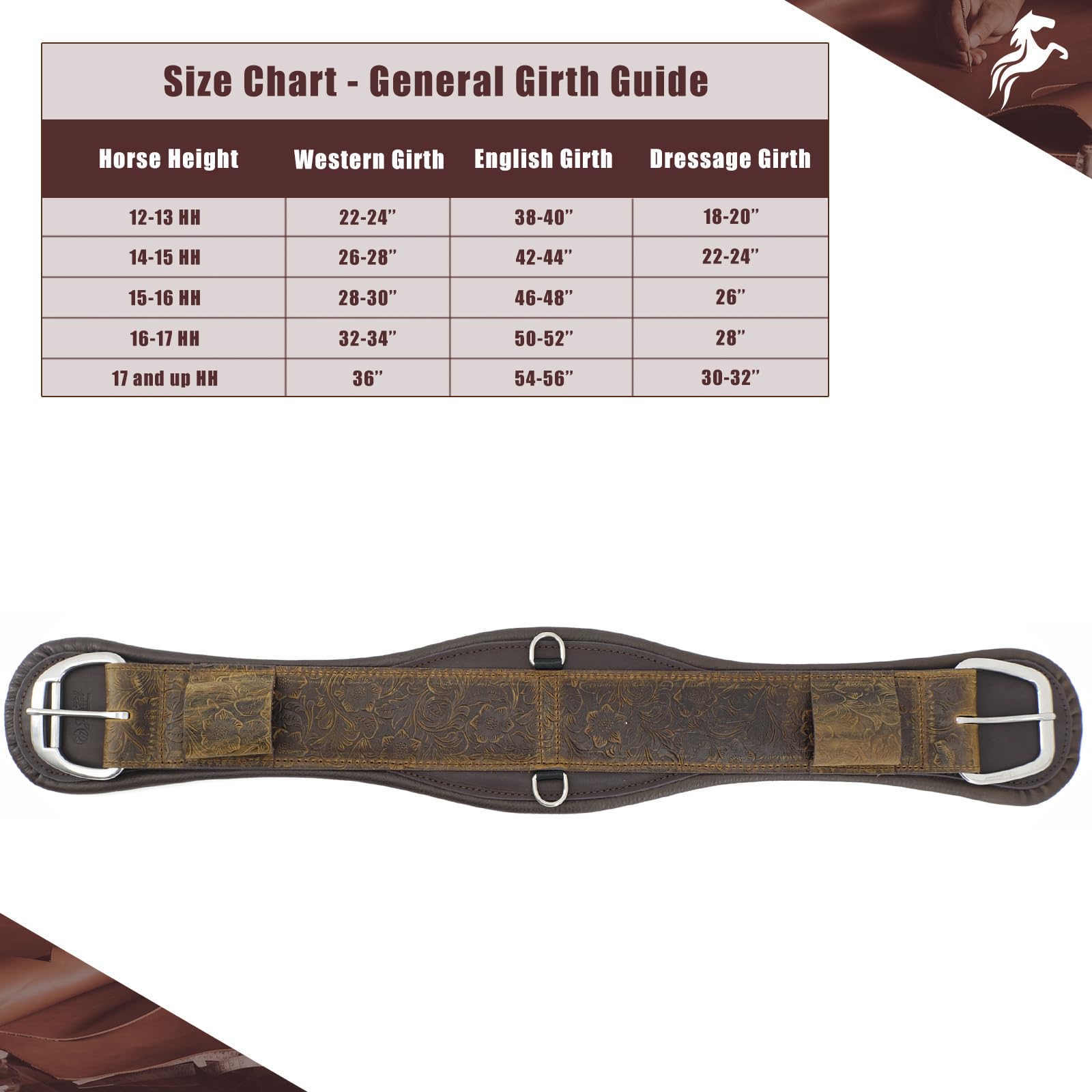 Jeereal Western Horse Cinch,Premium Full-Grain Leather Equestrian Horse Riding Western Durable Comfortable Soft Girth: 28"