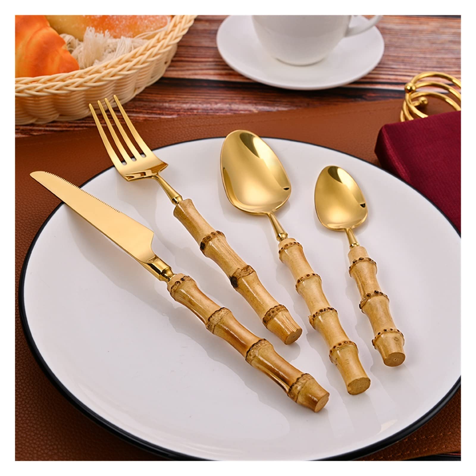 Ensemble de Couverts en Acier Inoxydable 24 pièces avec poignée en Rack, Couteau, Fourchette, cuillère, Ensemble de Vaisselle Naturel respectueux de l'environnement