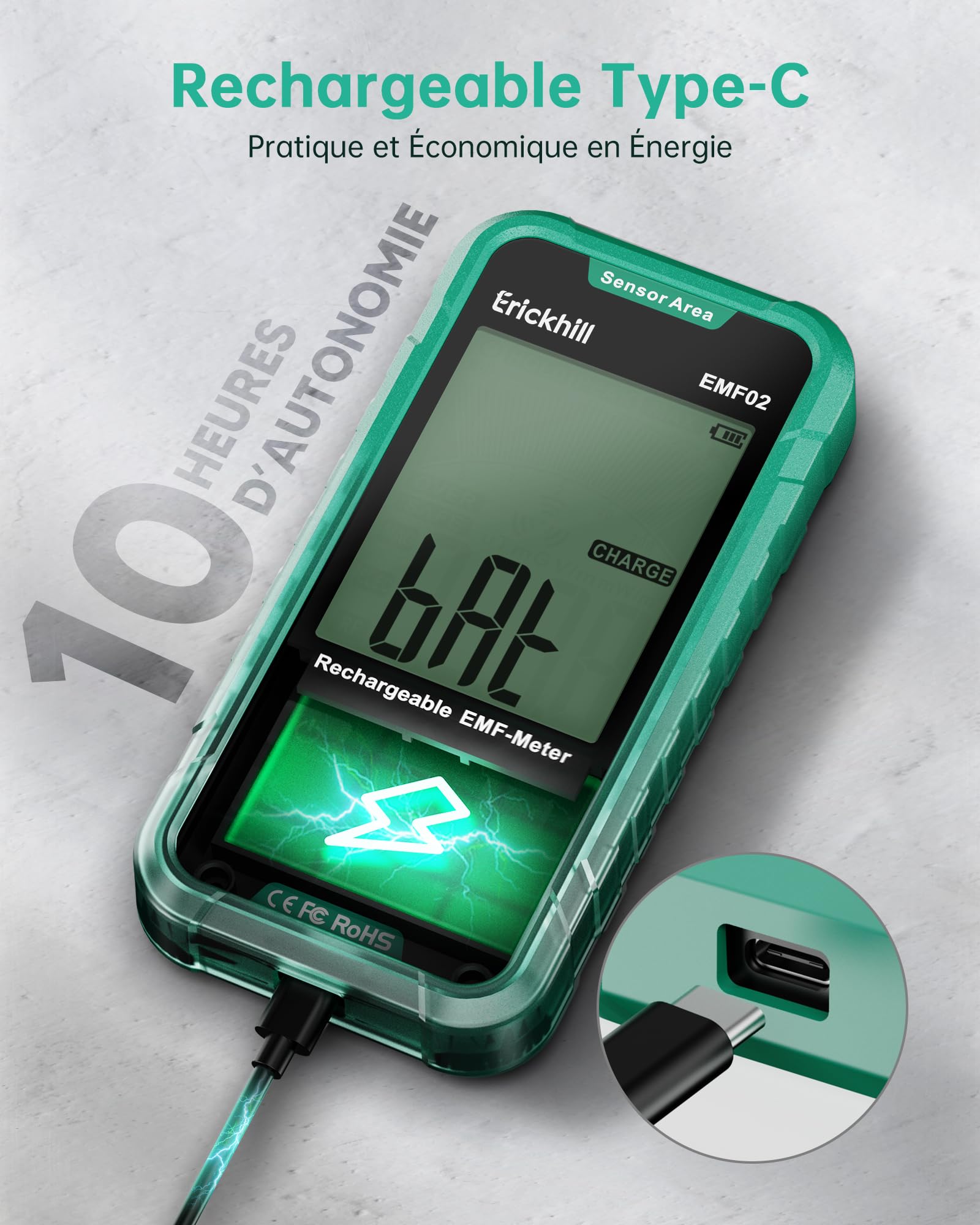 ERICKHILL EMF Détecteur 3-en-1, Testeur de Champ Électromagnétique Portable–RF/EF/MF&WiFi, avec Alarme 3 Couleurs, Batterie Rechargeable, pour Maison, Bureau et Chasse Fantôme