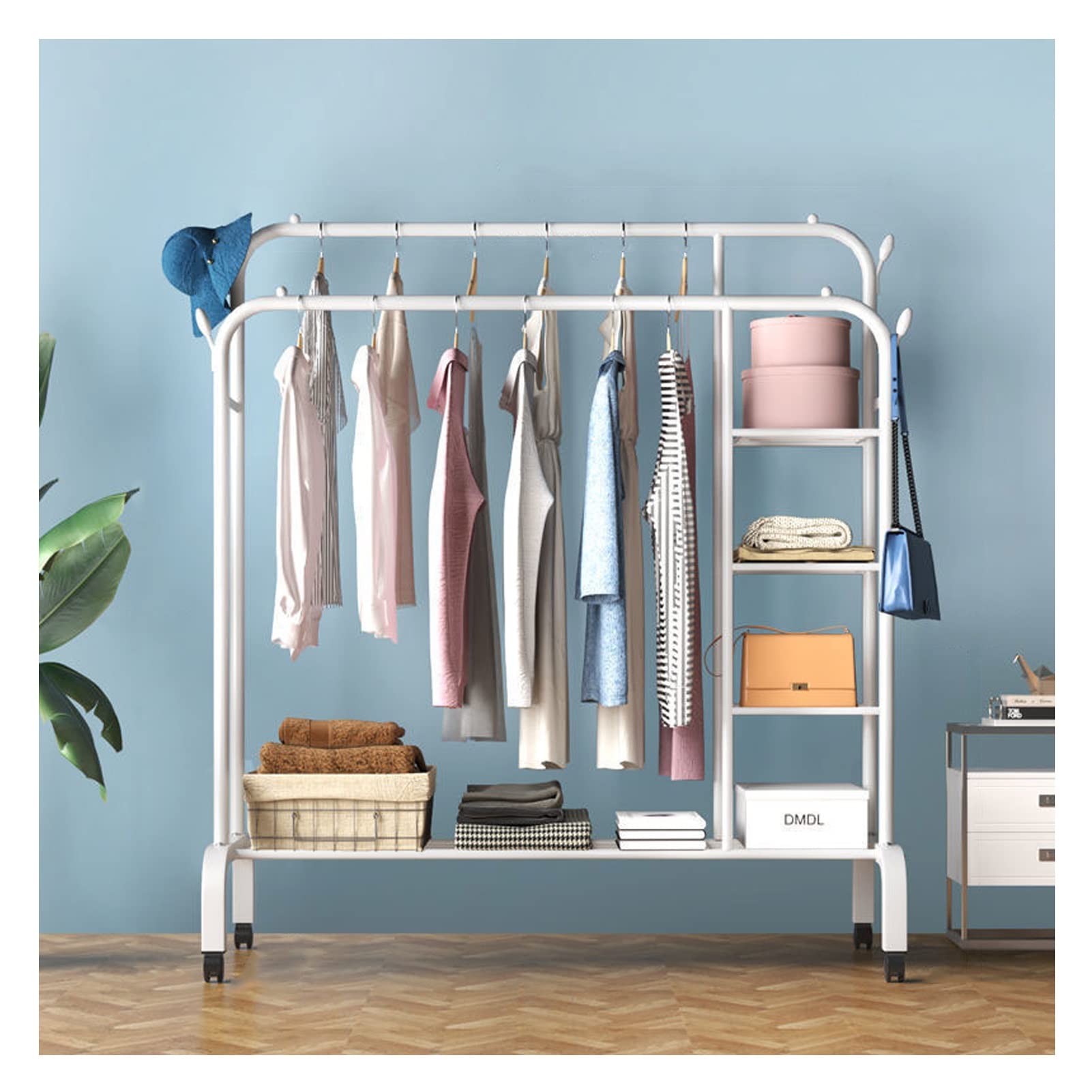Heavy Duty Clothes Rack Garment Rail Organiser Clothes Rails Metal Clothing Rack with Wheels Freestanding Hanger with 2