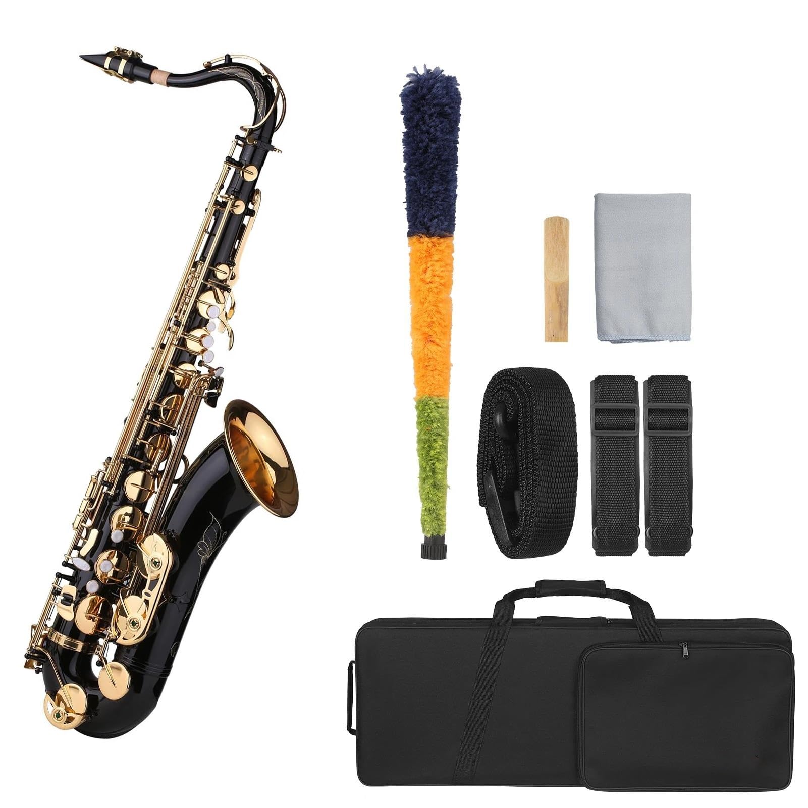 Saxofón Saxofón Tenor Si Bemol Bb, Saxofón Lacado Negro Con Caja De Instrumentos, Boquilla, Correa Para El Cuello, Accesorios
