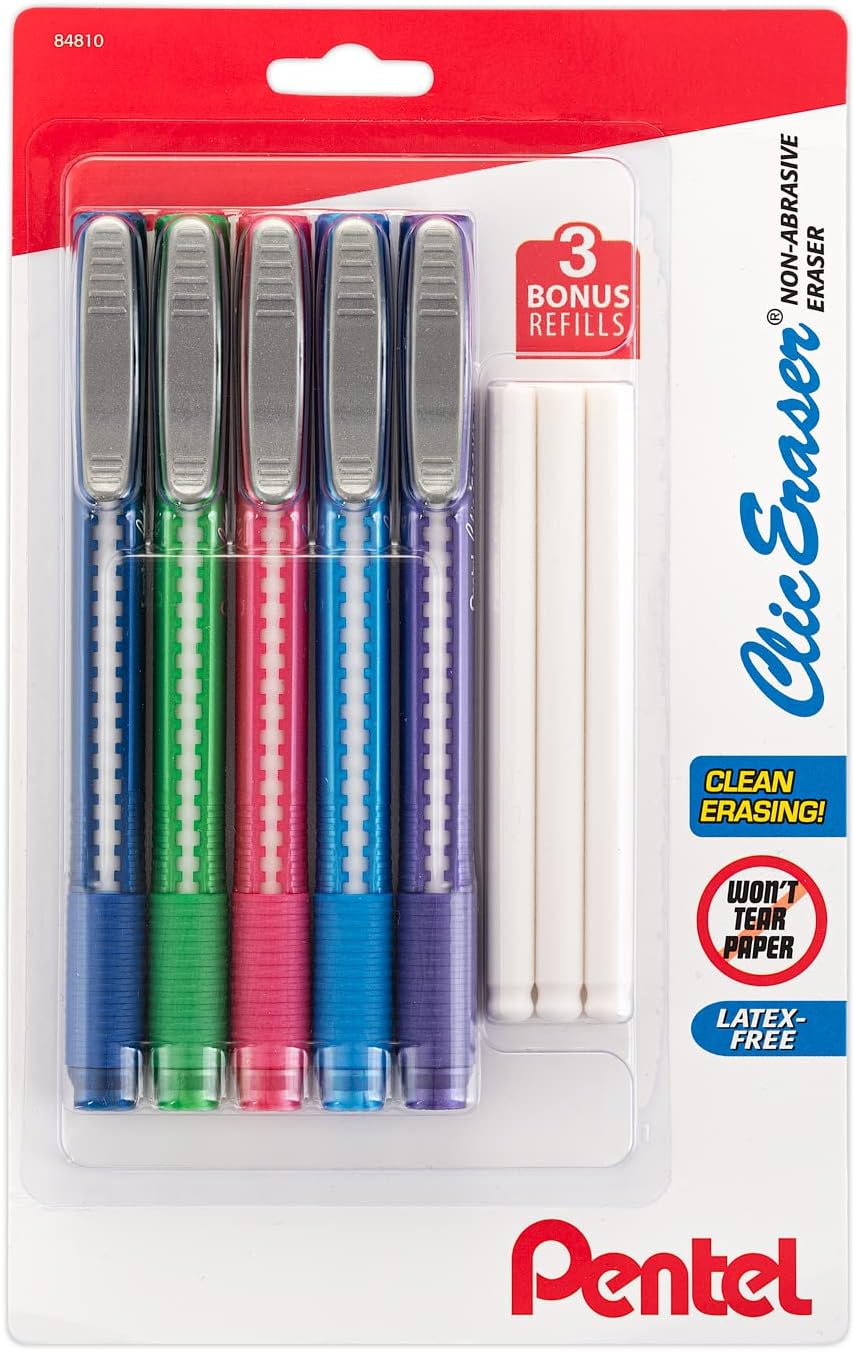 Pentel Clic Eraser, Retractable Eraser Pen Style Grip Pack of 5 Assorted Colors
