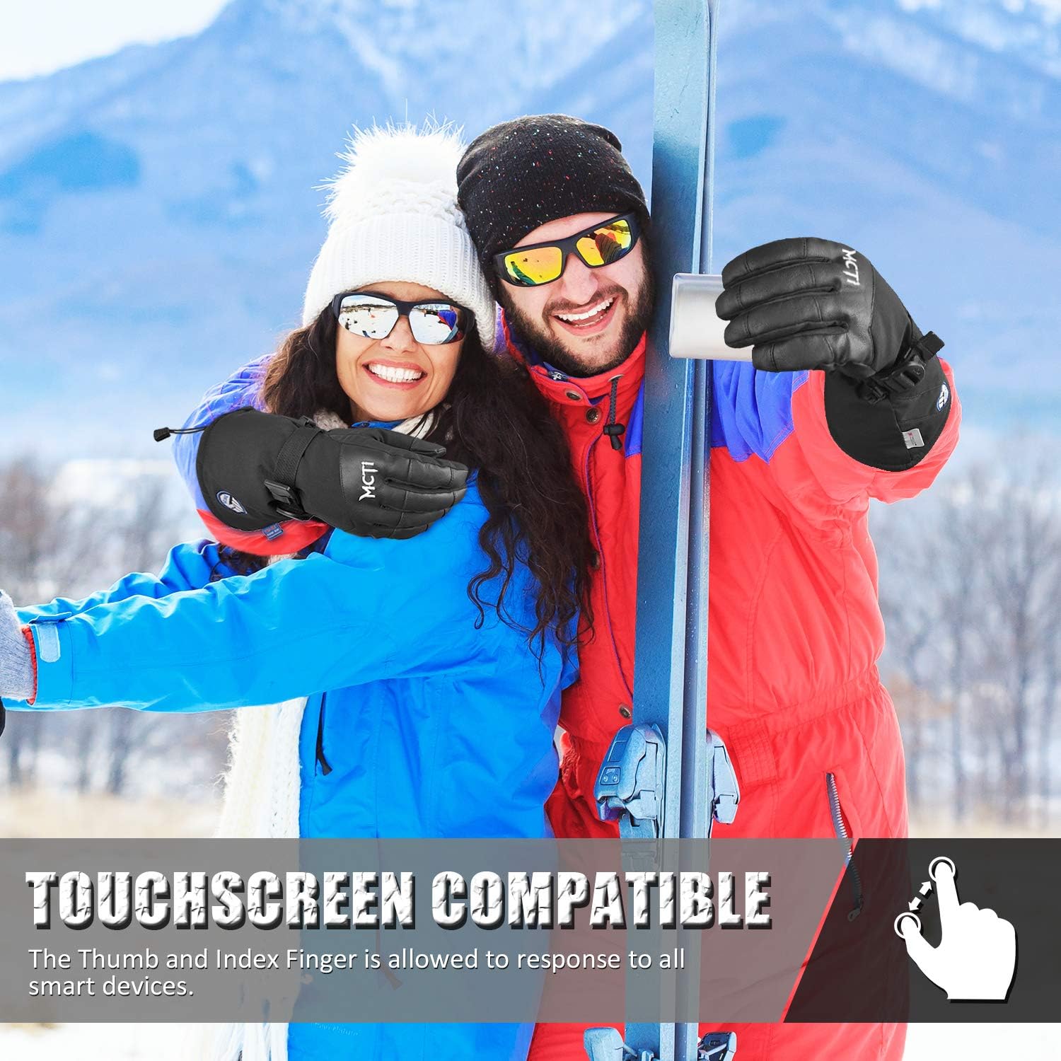 MCTi Waterproof Ski Snowboard Gloves Touchscreen PU Leather Winter Gloves with Wrist Leashes : Clothing, Shoes & Jewelry