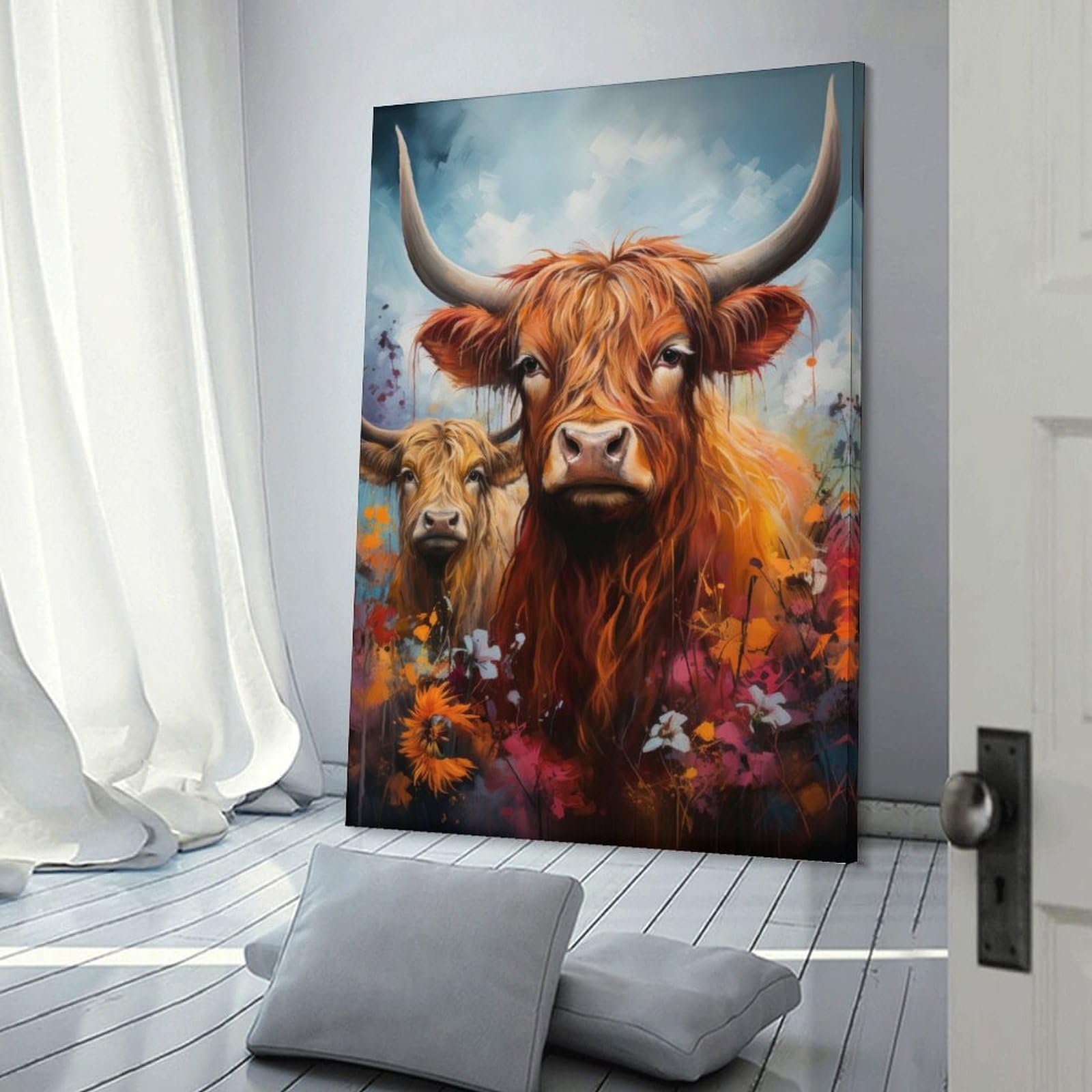 Junmoney Frame-Style-5-1 Hanging Wall Art Highland Cow And Calf, 20X30inch(50X75cm), For Gallery Wall Layouts In Home Or Office, An Easy Match For Collected Prints