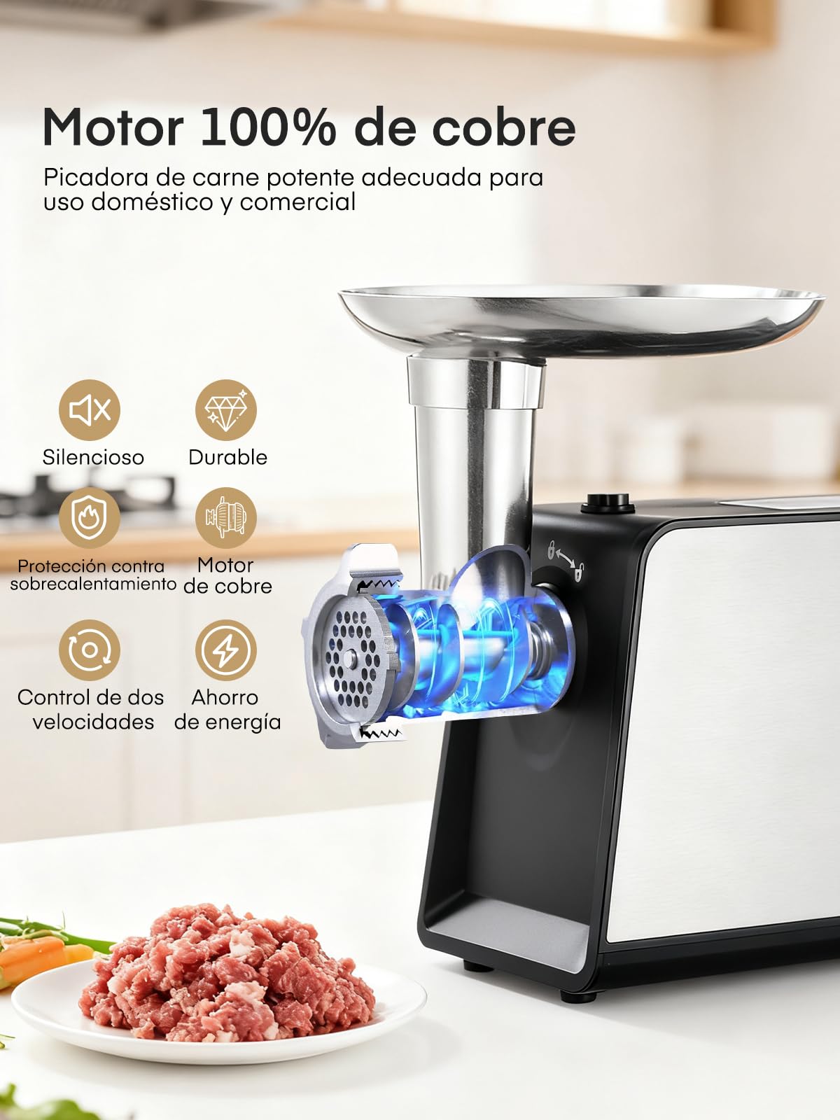 FOHERE Picadora de Carne Eléctrica 3200W Max con 3 Platos y 3 Tubos | Picadora de carne en acero inoxidable con 2 cuchillas y kit Kubbe para hogar y carne de venado
