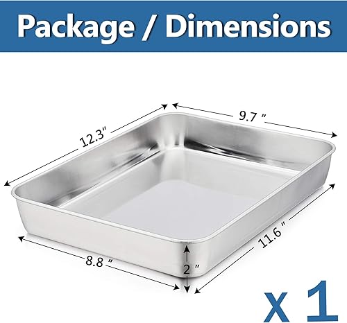 Miniatura 2 de P&P CHEF Bandeja rectangular de acero inoxidable de 12.3 pulgadas para carnes de brownie y lasaña, bandeja de galletas que cabe en horno tostador,