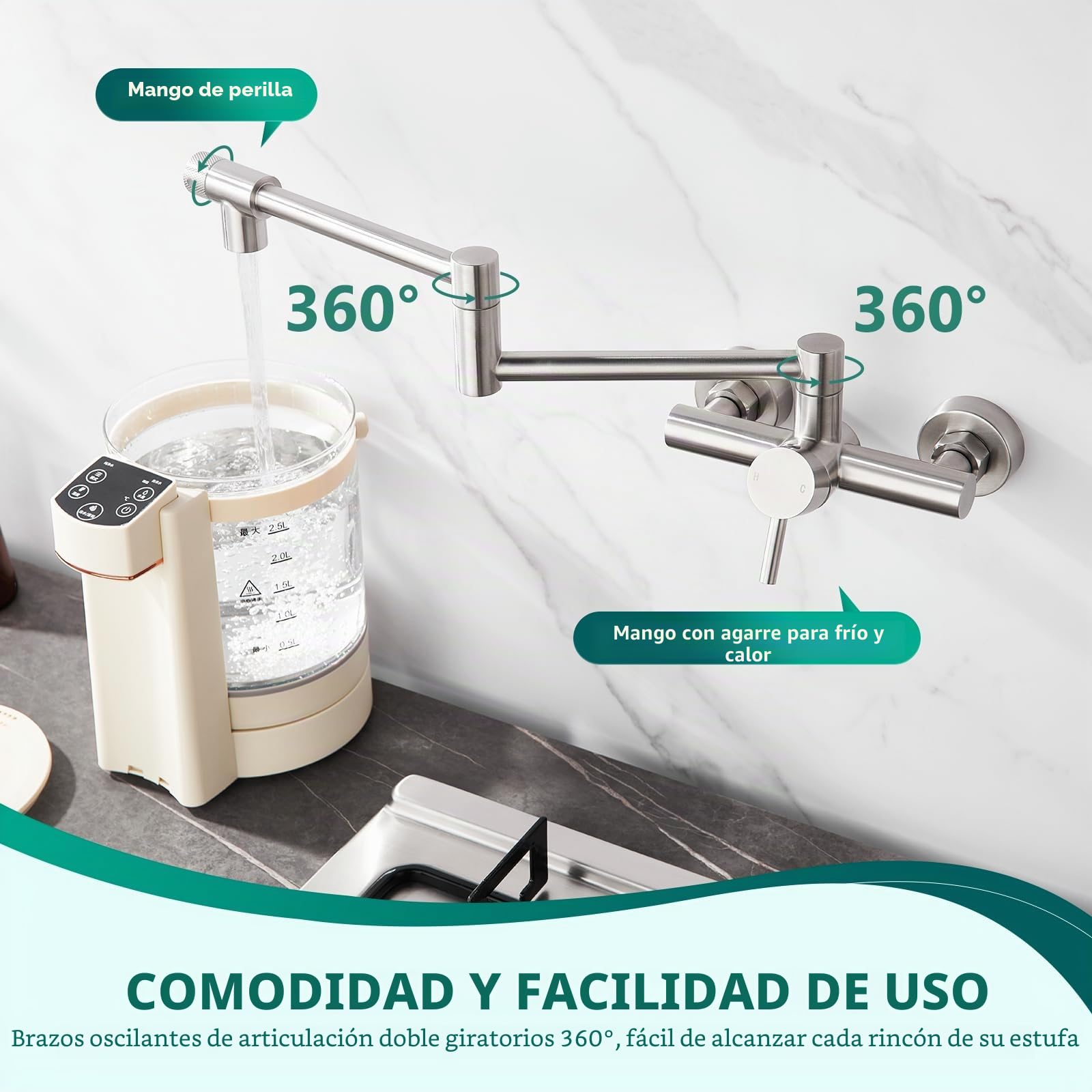 CREA Grifo de pared plegable para cocina,grifo de cocina, Grifo para Fregadero, 360° Giratorio Plegable, para fregadero de cocina con dos asas,para Grifo de Agua Fría y Caliente,Acero Inoxidable | Grifo de cocina para fregadero giratorio 360°, grifo de co