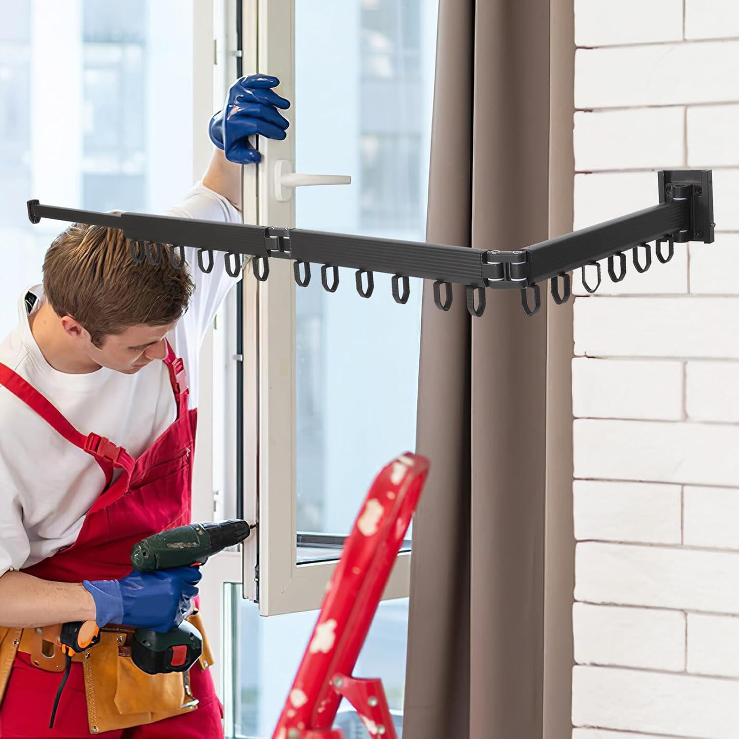 Collapsible Clothes Drying Rack Wall Mounted Folding Laundry Hanger with Multi-Hooks Space-Saving Retractable Design for Balcony Laundry Bathroom