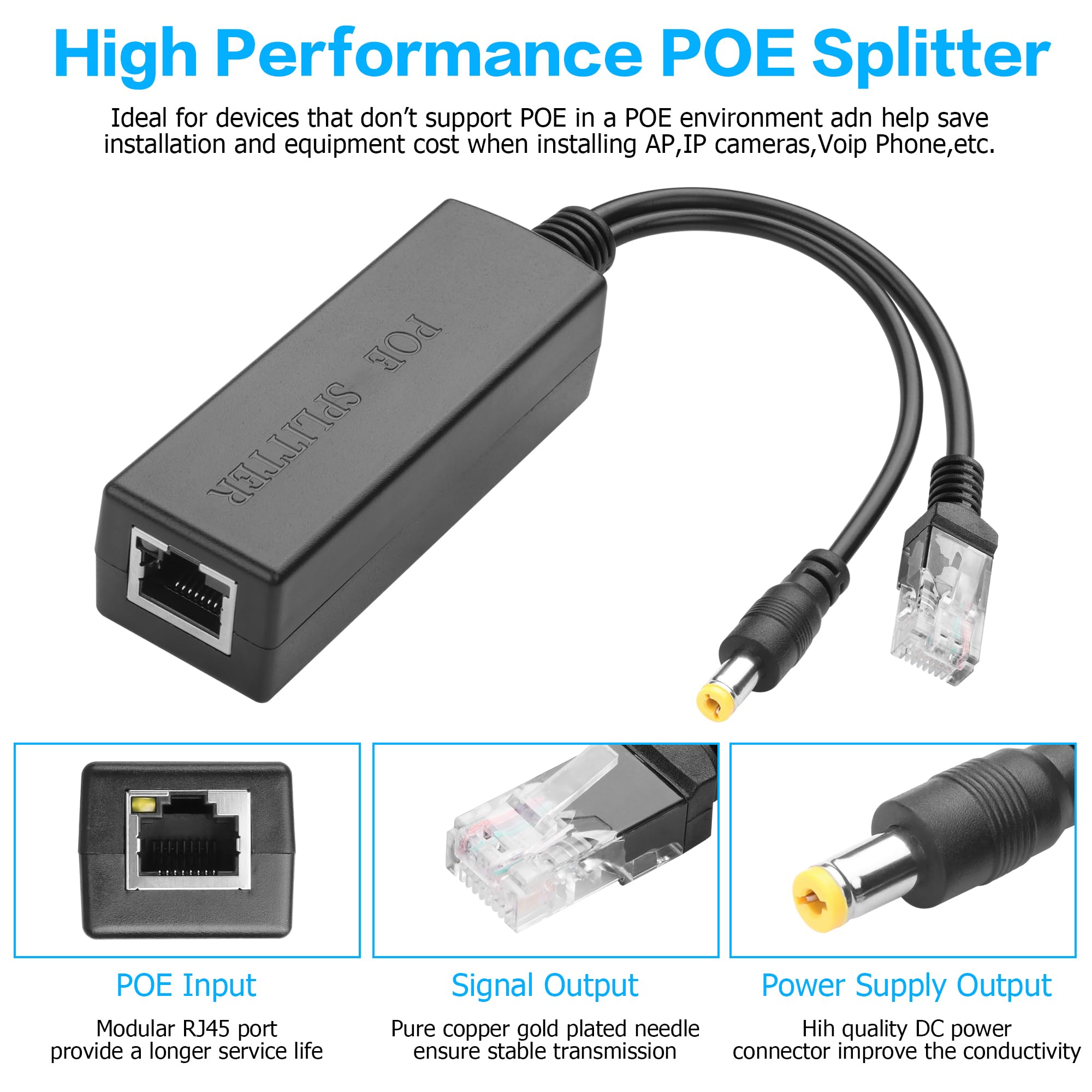 Gigabit PoE Splitter YACSEJAO PoE 48V to DC 12V/2A Power Over Ethernet Converter RJ45 to 5.5mm×2.1mm Plug for Security Cameras, Wireless AP, Routers