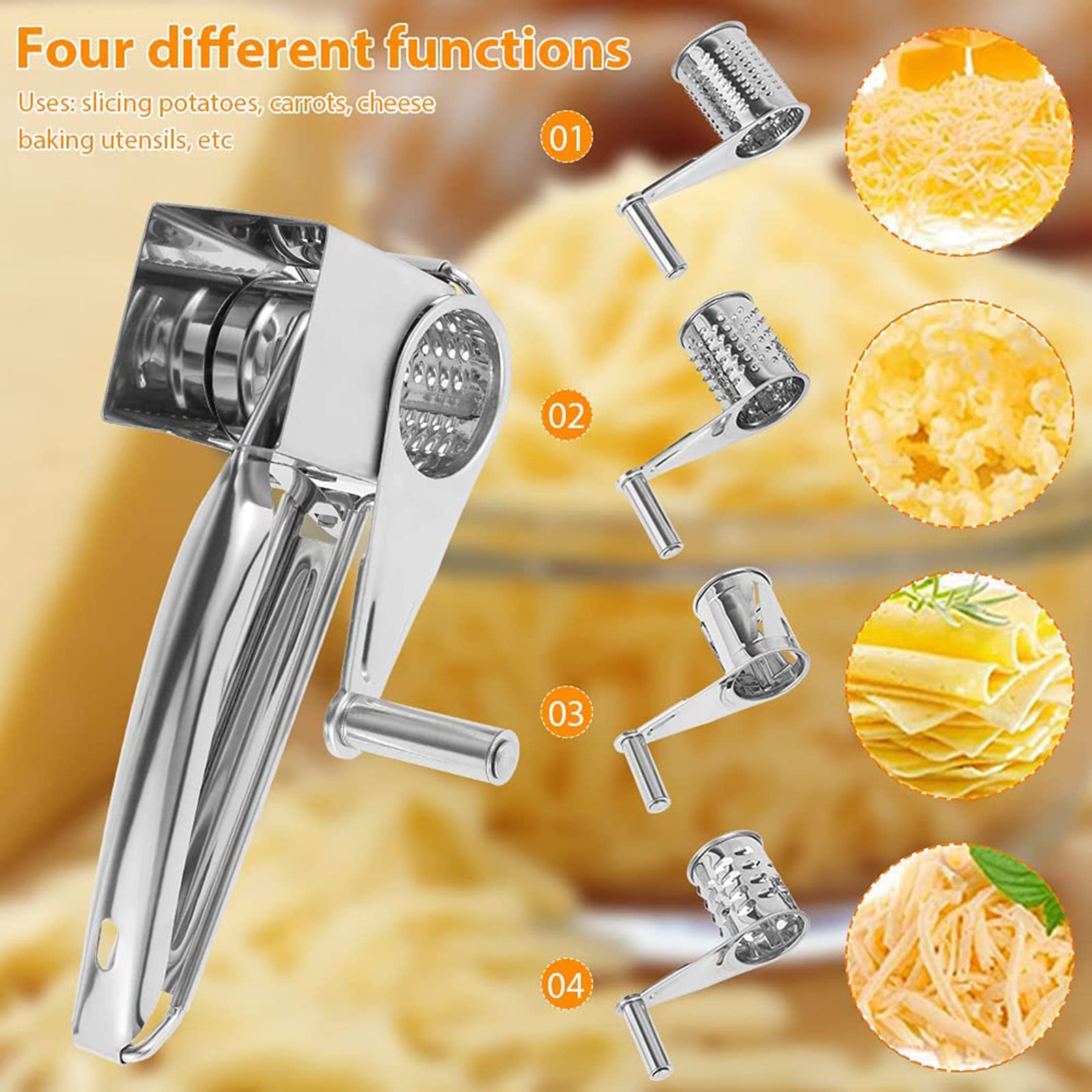 Molinillo de Queso Giratorio Manual, rallador de Verduras Multiusos de Acero Inoxidable con 4 Cuchillas de Tambor, Utensilios de Cocina para Queso, nueces, Jengibre, Zanahoria, Pepino