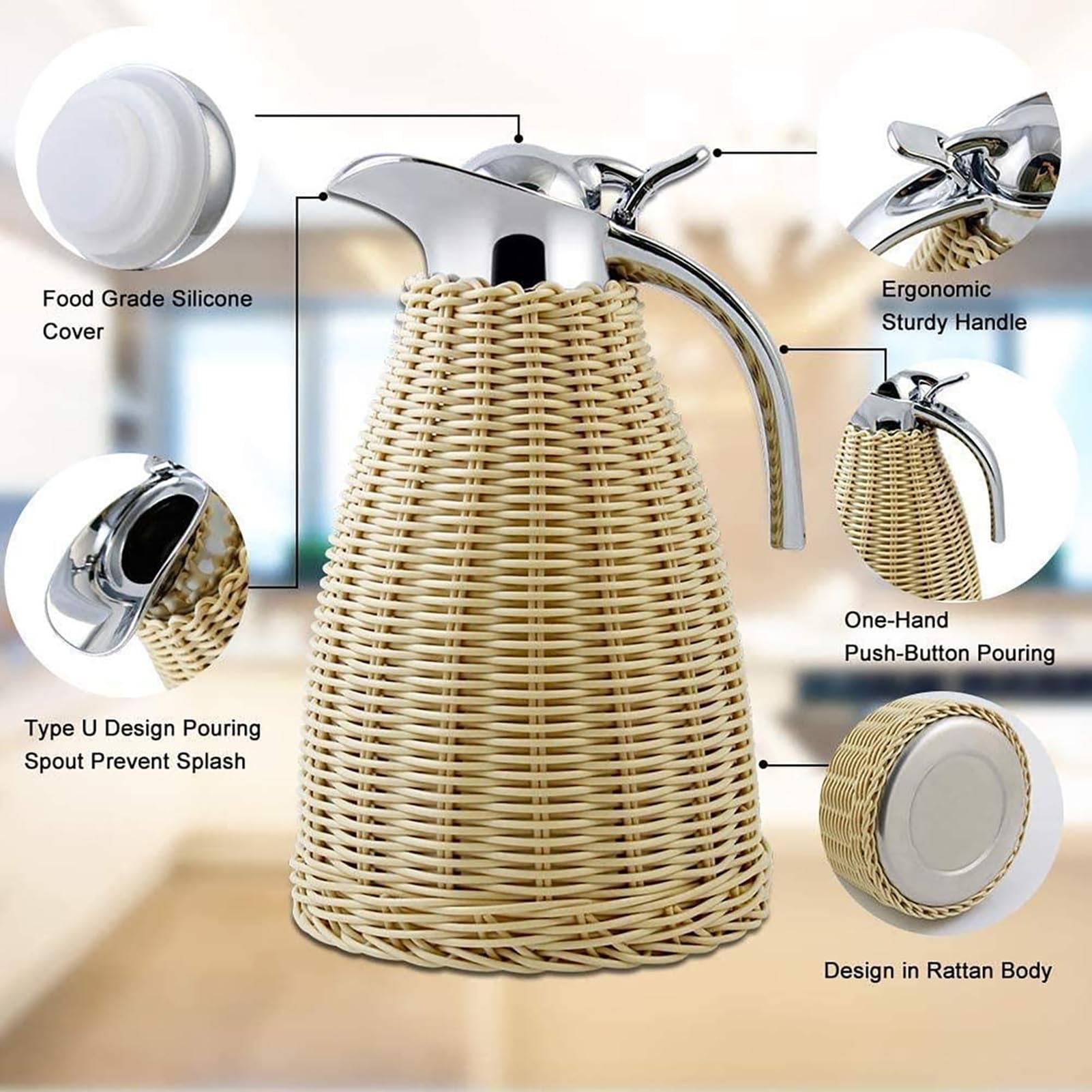 Carafe à café thermique en acier inoxydable, corps en rotin fait à la main, chaleur 12 heures et rétention au froid 24 heures, idéale pour le café, le thé, le lait et l'eau