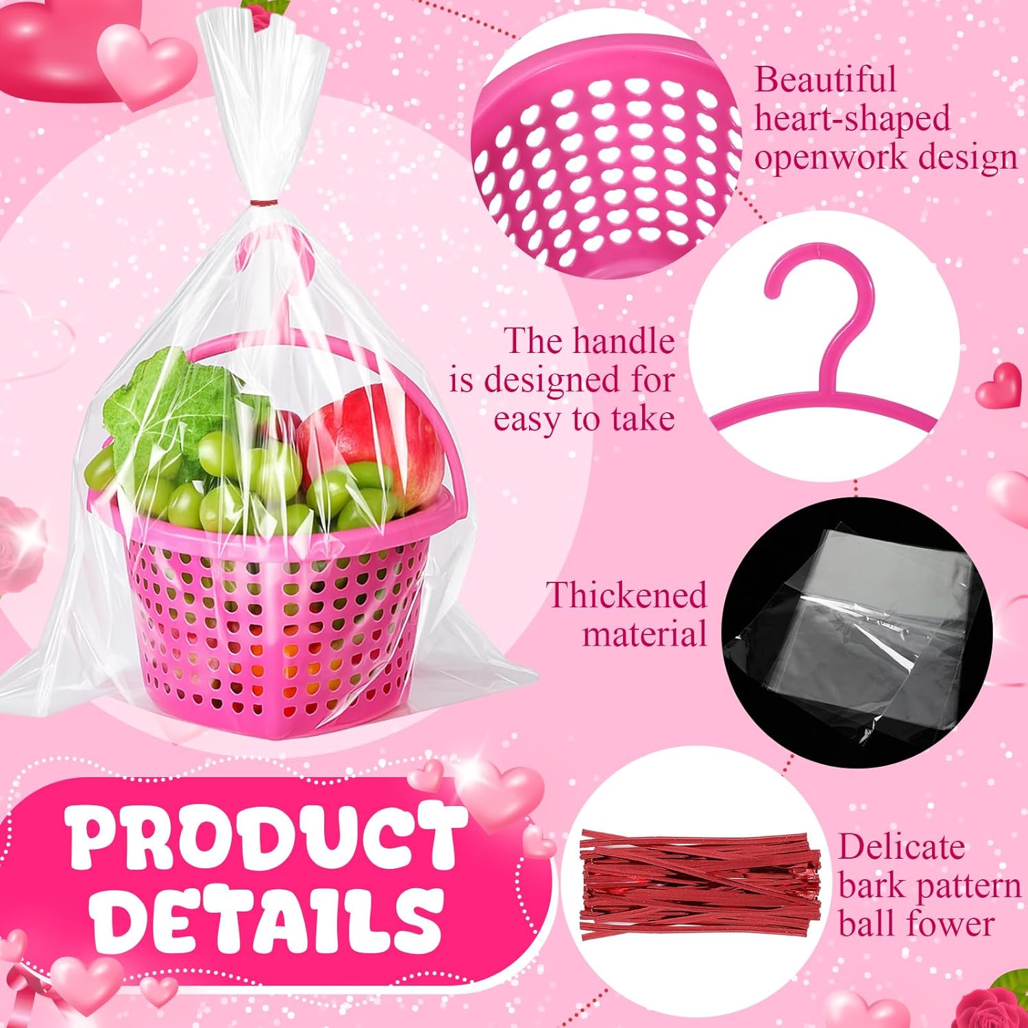 18 Set Mother's Day Heart Baskets with Handle 8" x 6.8" x 4.4" Plastic Heart Baskets Hollow Fruit Food Storage Containers with Gift Bags for Fruit Vegetables Mother's Day Party Favors