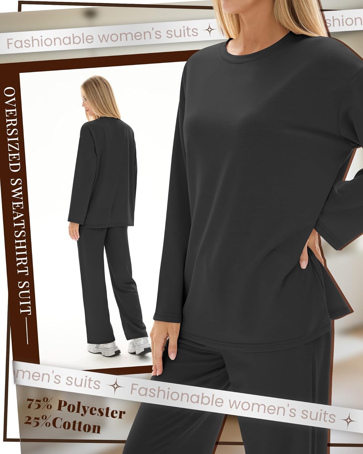 Women's 2 Piece Oversized Lounge Sets Lightweight Long Sleeve Crew Neck Tracksuit Long Pant Sweatsuits with Pockets - Image 6