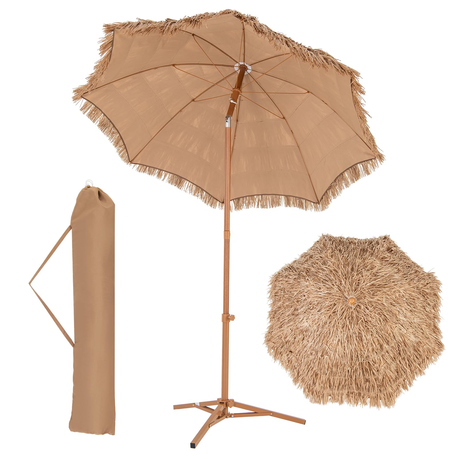 RELAX4LIFE Sombrilla hawaiana, paja, diámetro de 200 cm, sombrilla para balcón inclinable, sombrilla de jardín con soporte plegable y bolsa de transporte, sombrilla de paja, sombrilla hawaiana con