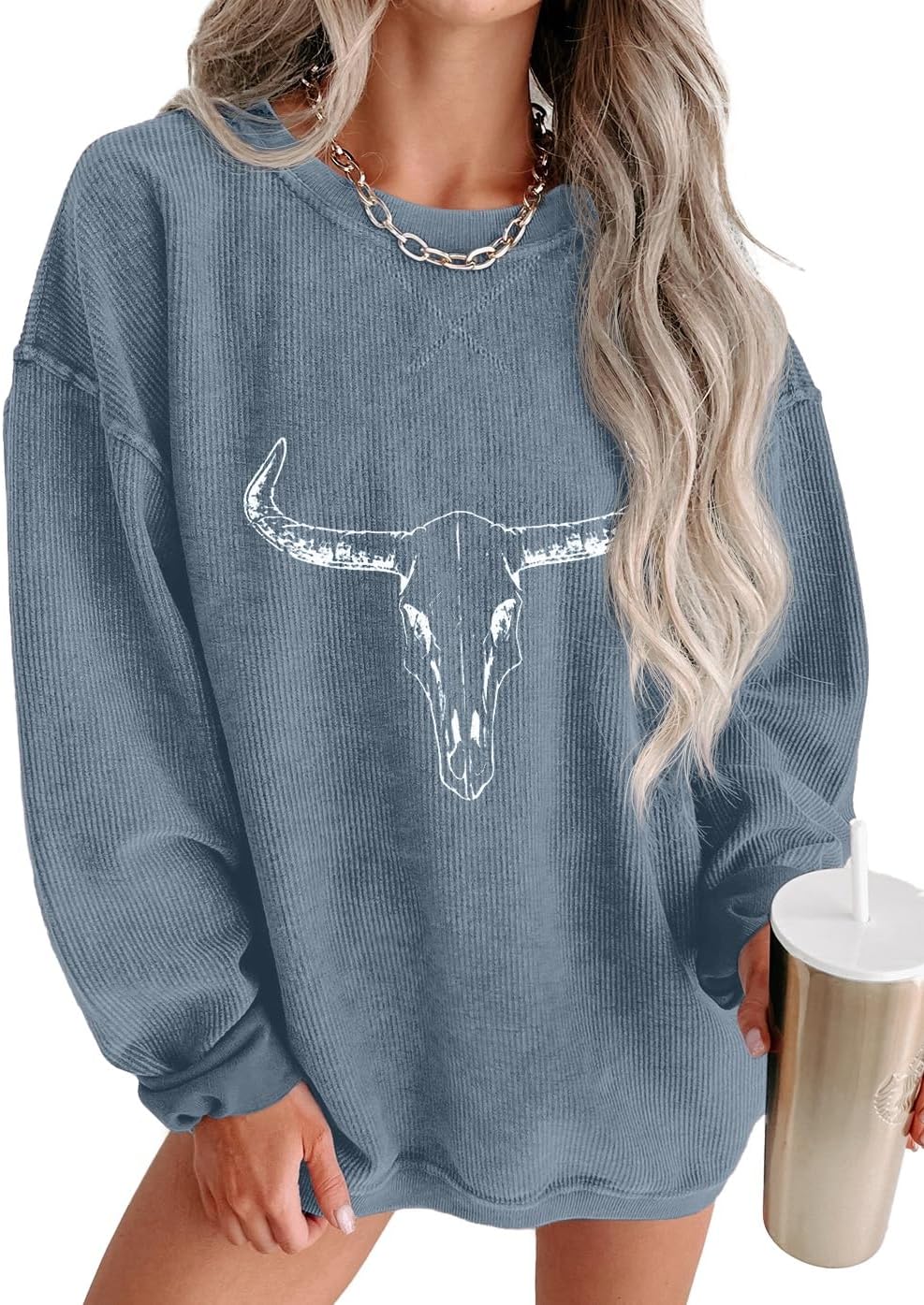 ONLYSTORY Womens Sweatshirts Casual Cored Corduroy Pullover Tops Oversized Long Sleeve Crewneck Shirts