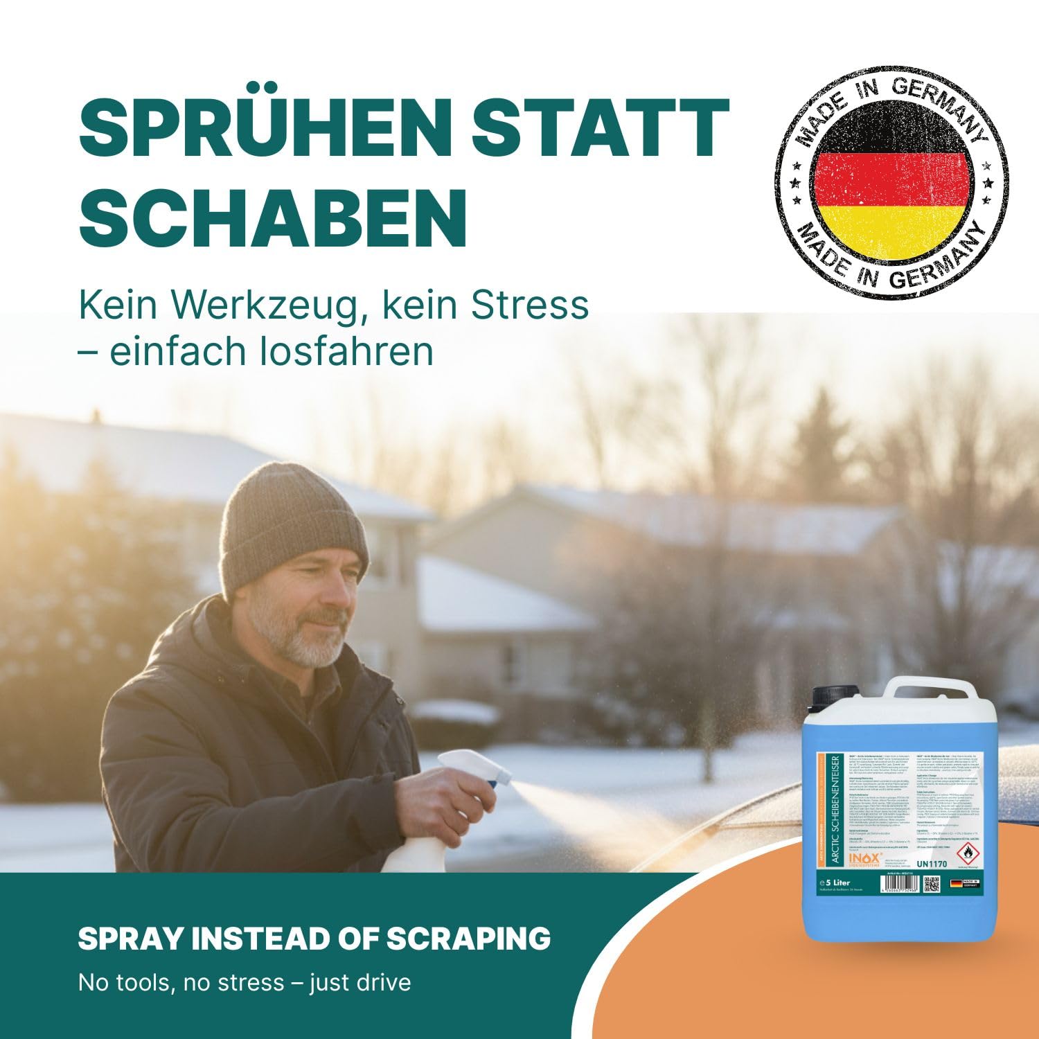 INOX® - Schnell wirkender Scheibenenteiser 5l + 1L Sprühflasche| Effektiver Scheibenenteiser Nachfüller | Scheiben Enteisen ohne Kratzen | Schlierenfreies Scheibenenteisen | Wirksam bis -40 Grad