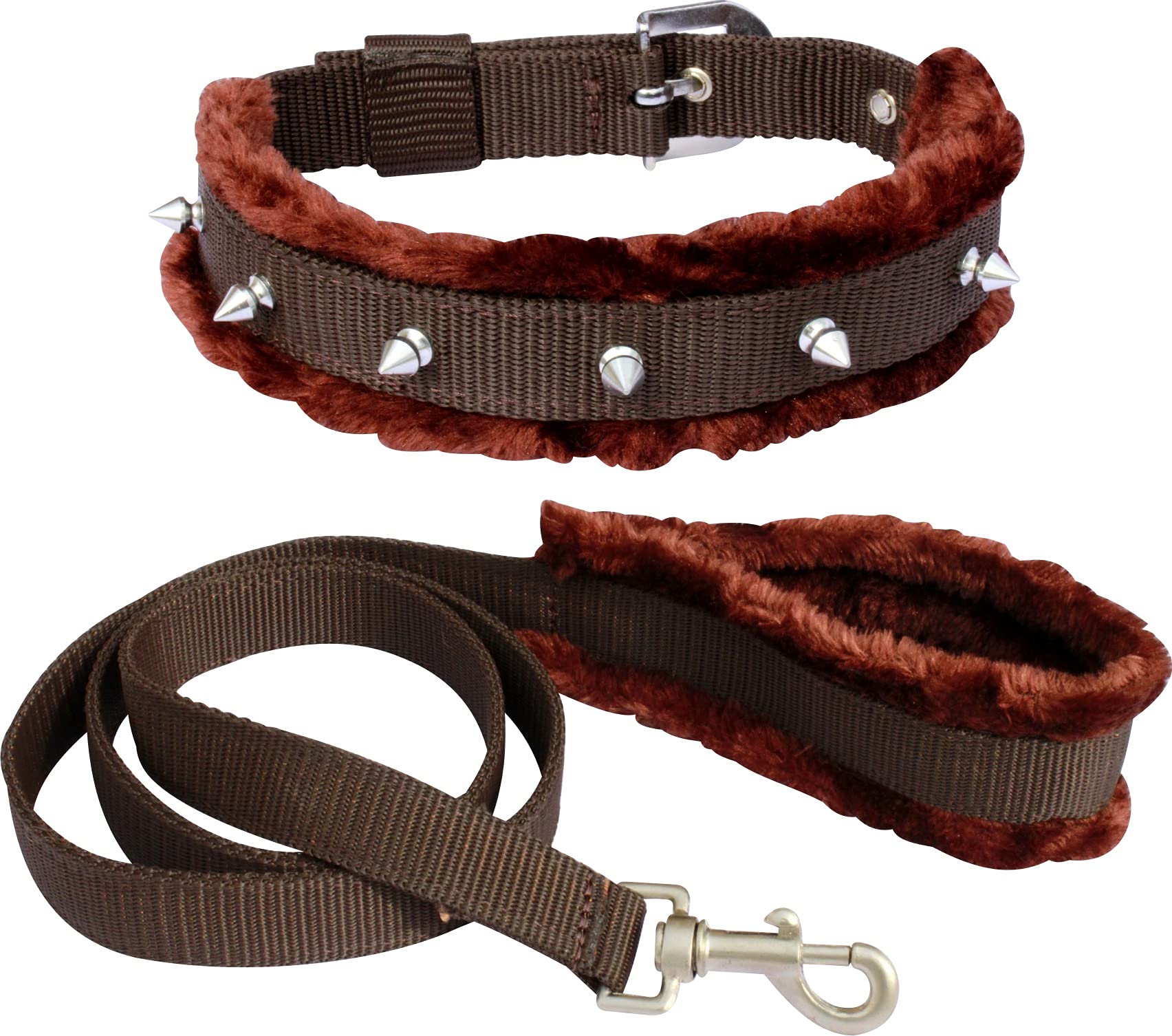 Pedigone Dog Belt Combo of Brown Fur Spike Dog Collar & Soft Fur Handle Dog Leash Specially for Medium Breed Dog Collar Leash (Brown Spike)