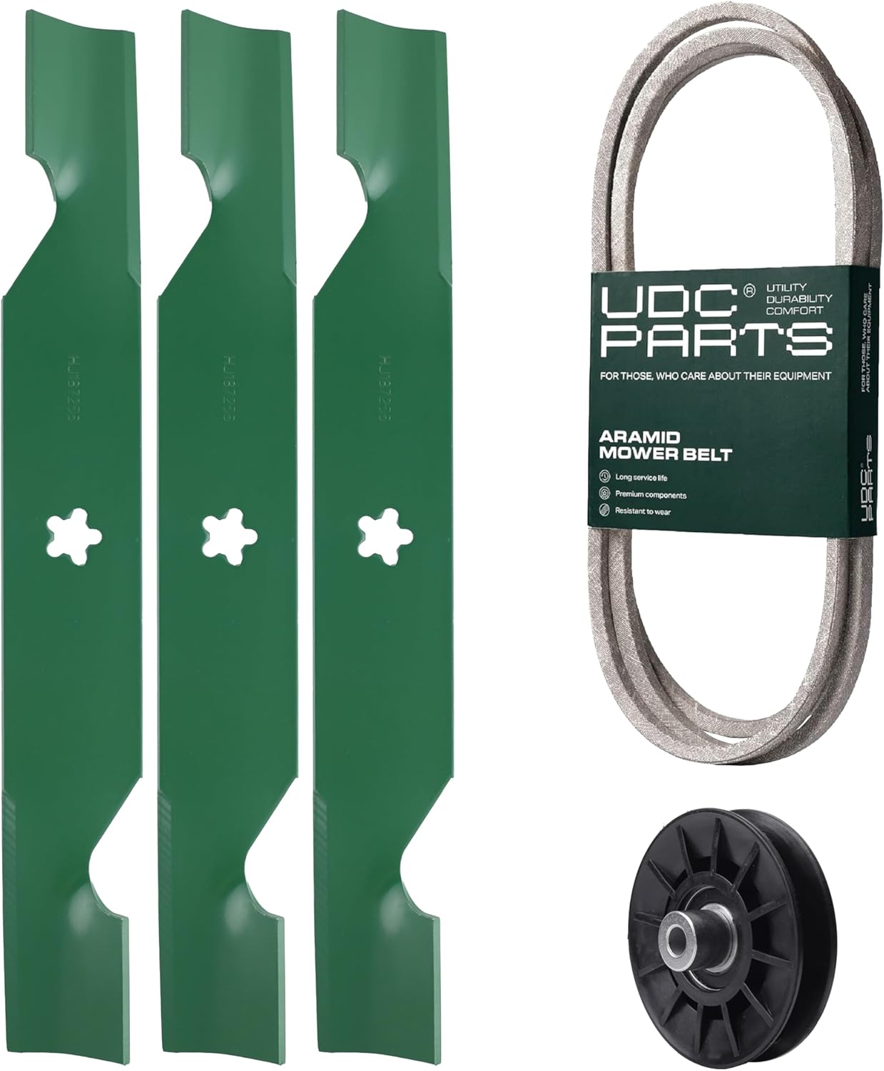 UDC Parts 130969/187256 + 532194326 Mower Deck Belt/High Lift Notched Mower Blades + Idler Pulley/Fits Husqvarna Craftsman Poulan