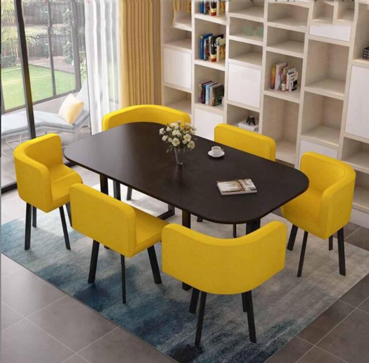 Modernes 7-teiliges Esszimmerset mit rundem Tisch und 6 Stühlen. Ideal für kleine Büroküchen oder Wohnzimmer. Zeitgenössische Möbel für Konferenz- oder Besprechungsräume. Stilvolles Lounge-S