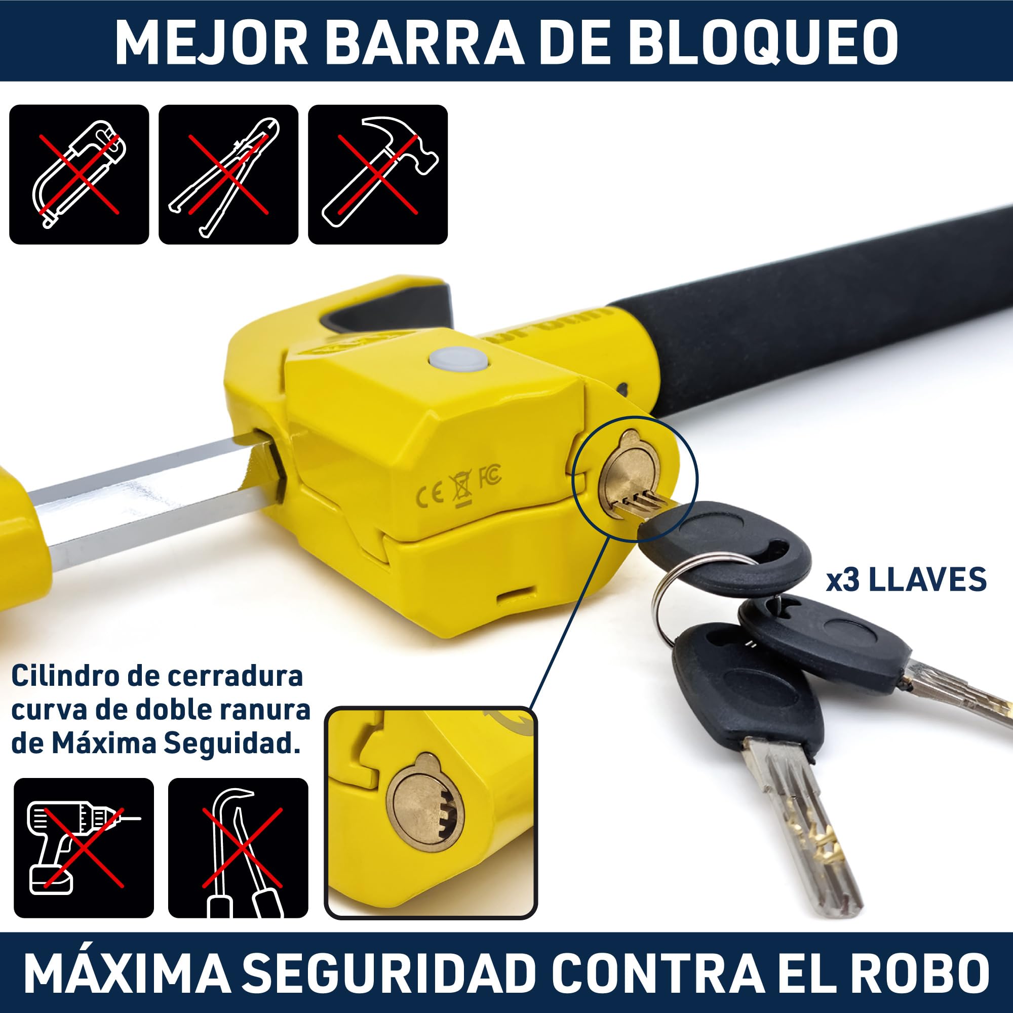 URBAN UR978Y Antirrobo Coche Doble Seguridad, Barra Volante Sin/Con Alarma Hi-Tech 120dB+LED Más Seguro y Visible, Bloqueo Automático, Patentado, Cepo Coche Universal Auto SUV Camper Autocaravana