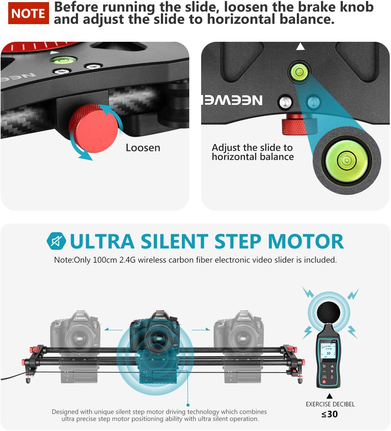 Neewer 39.37-inch Motorized Camera Slider, 2.4G Wireless Control Carbon Fiber Track Rail with Mute Motor/Time Lapse Video Shot/Follow Focus Shot/120 Degree Panoramic Shot for DSLRs, Load up to 22lbs : Electronics