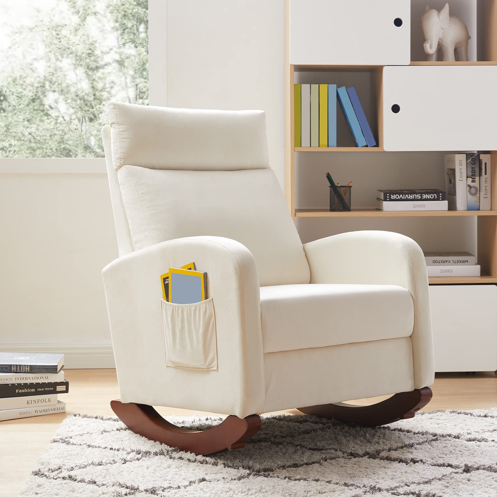 Nursery Rocking Chair, Modern Upholstered Nursery Glider Rocker Rocking  with Side Pocket, High Backrest Armchair Comfy Side Chair, Accent Rocking