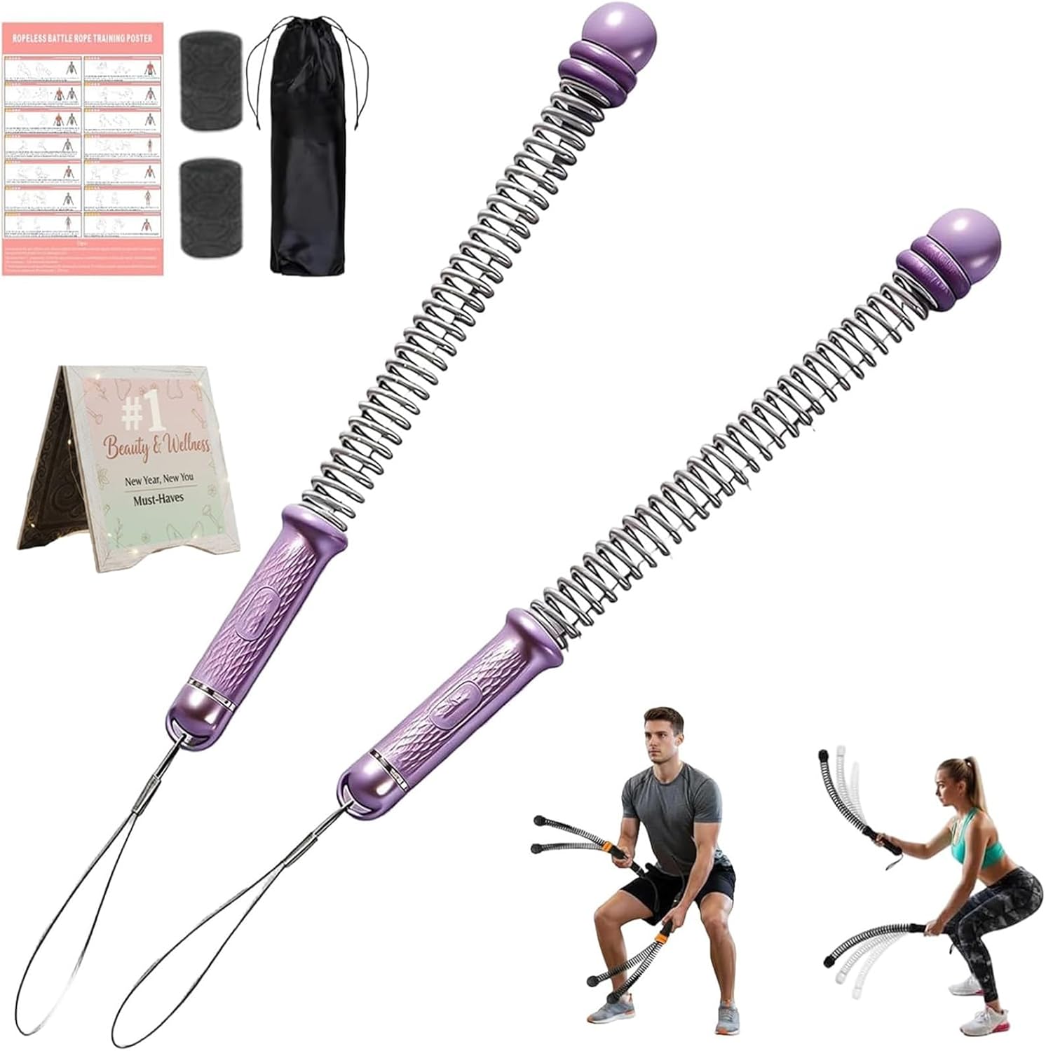 Adjustable Ropeless Battle Ropes Training with Poster, Portable Cordless Battle Ropes for Home Gym, 3 Lbs Per Pair, Strength Building, HIIT and Low-Impact Aerobic Training for Men & Women (Purple)