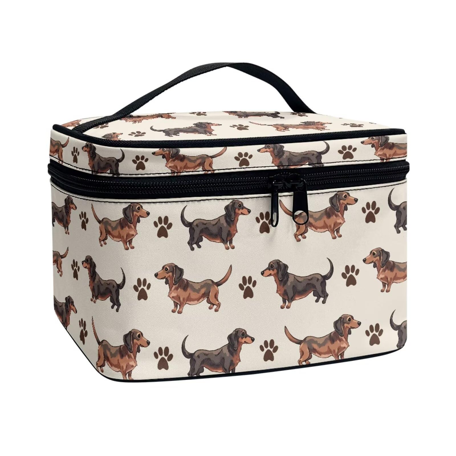 Jolamirel Dachshund Dog Pattern Toiletry Bag Travel Make Up Bag Women Cosmetic Bag, Kawaii Puppy Dogs Paws Roomy Cosmetic Pouch for Purse Zipper