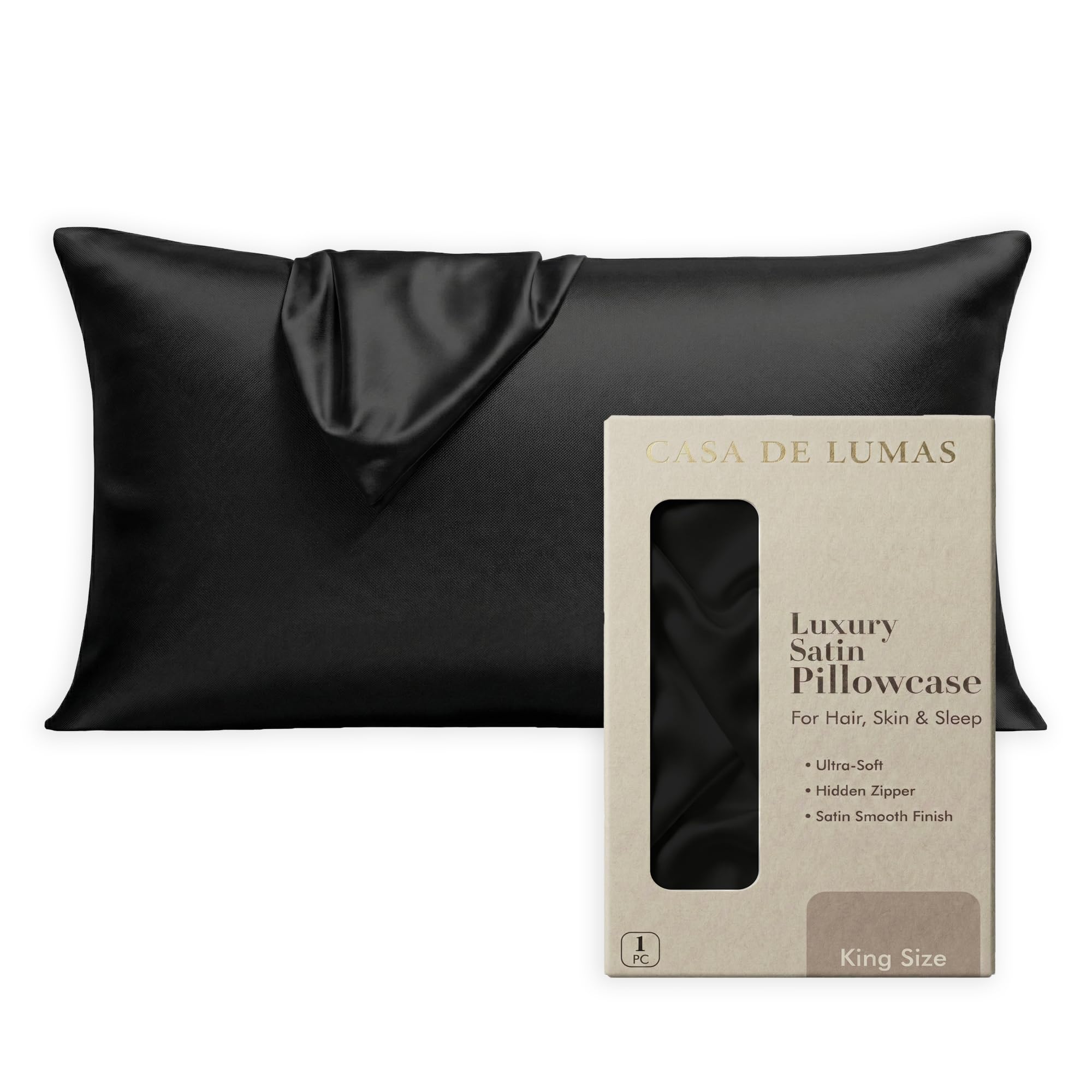 Casa de Lumas Satin Pillowcase - Luxury Soft Satin Pillow Cover with hidden Zipper, Silk-Like Smooth Feel, Gentle on Hair, Anti frizz,Skin & Sleep Comfort (Black, King U.K. 51x91cm)