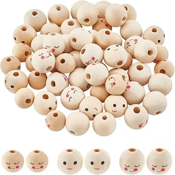 arricraft 60 Pcs 3 Style Smile Face Wood Beads, Face Shy Expression Smooth Smile Wooden Beads Handmade Loose Wood Spacer Beads Printed Undyed Ball Wooden Beads with Holes for DIY Crafts Jewelry Making