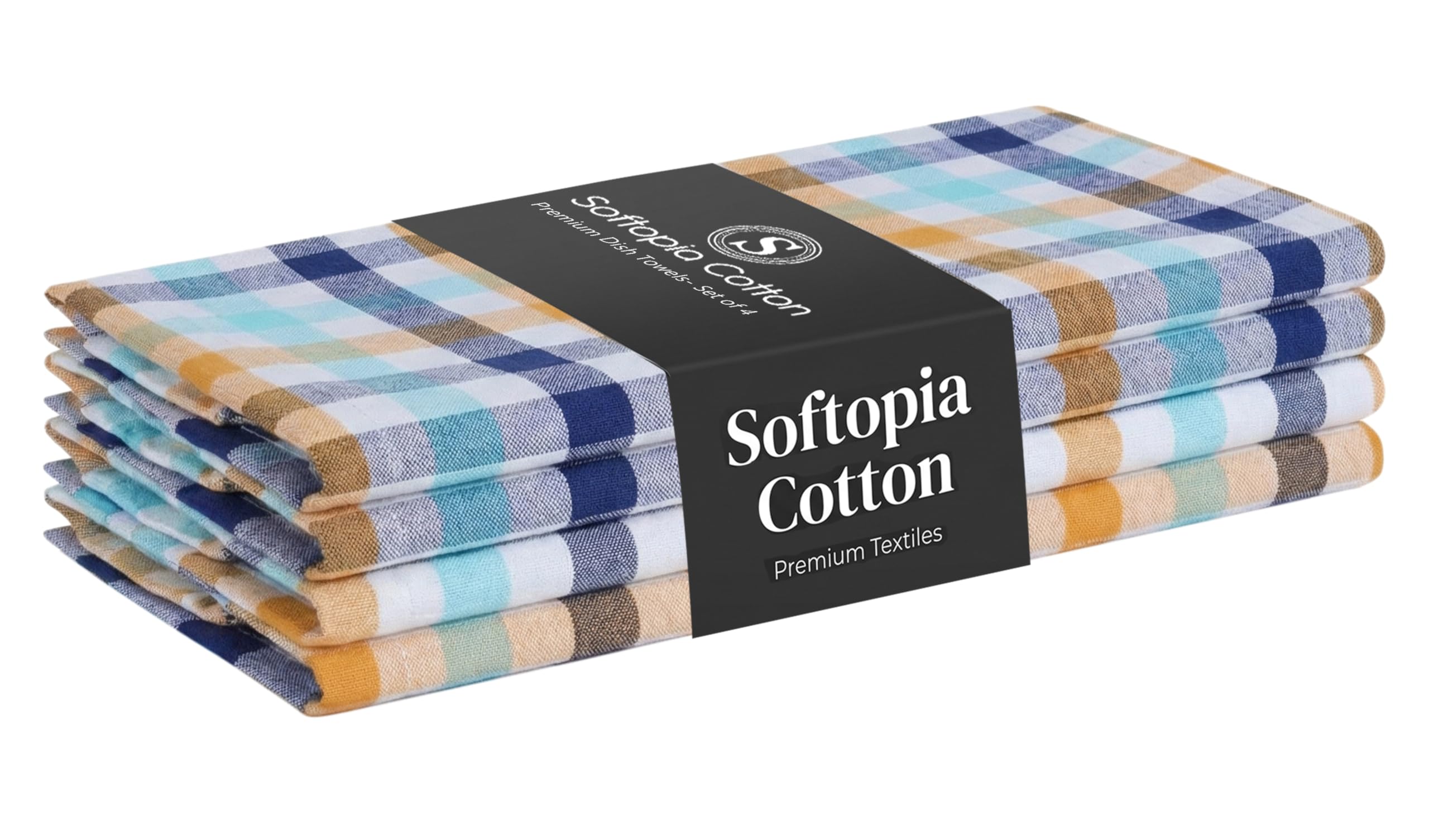 Check Dish Towels 4 Pack, 18"x26", Absorbent Hand Towels for Kitchen Use, Quick Dry Cloths, Durable Washable Rags, Reusable Dishcloth Set - Indigo Blue, Mustard Yellow, Aqua Blue
