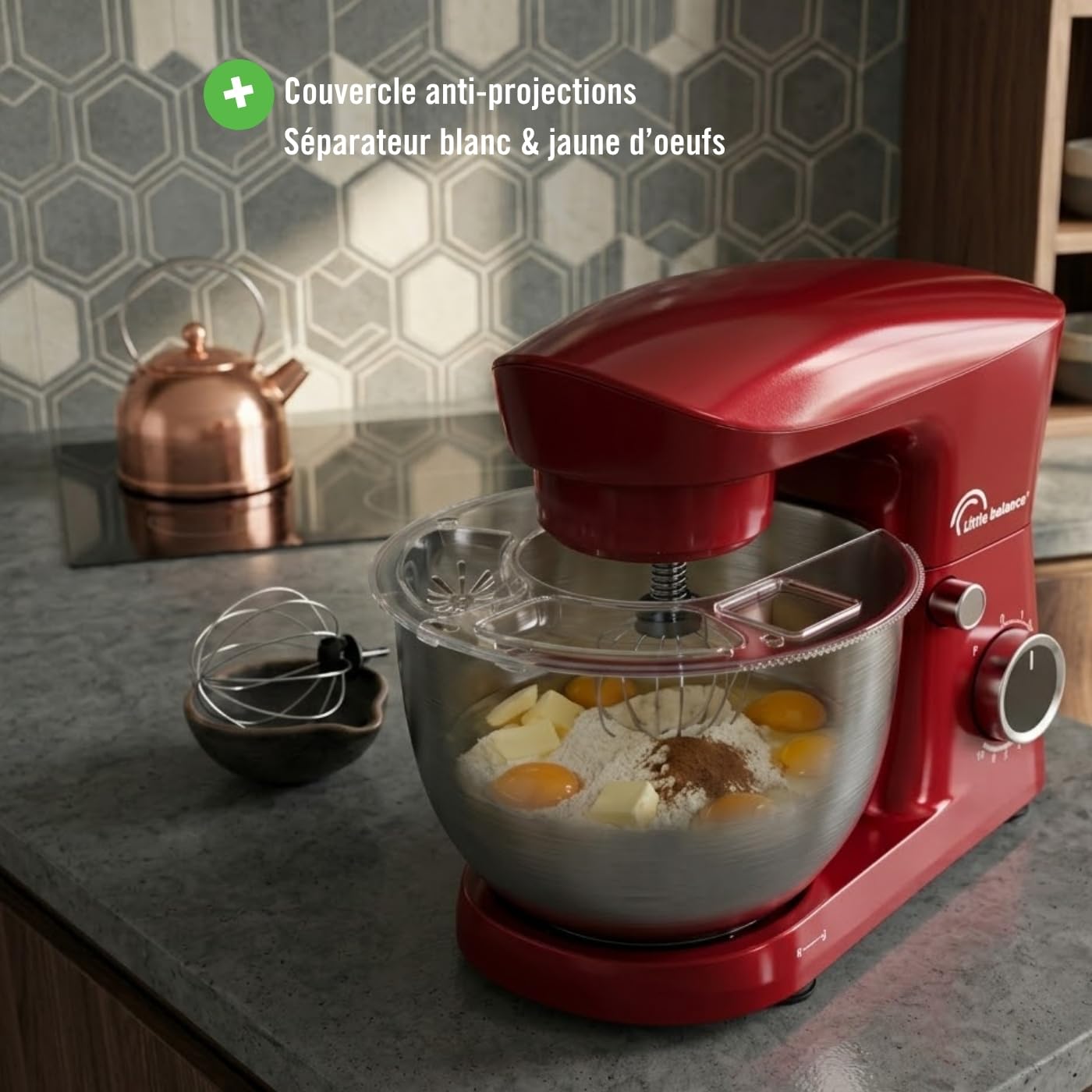 LITTLE BALANCE 3060 Easy Pâtisserie 2, Robot Pâtissier, Bol inox 5 l, 10 vitesses, Fonction Pulse, Tête inclinable, Avec Crochet, Fouet et Batteur pour mélanger, fouetter, pétrir, 1500 W, Piment
