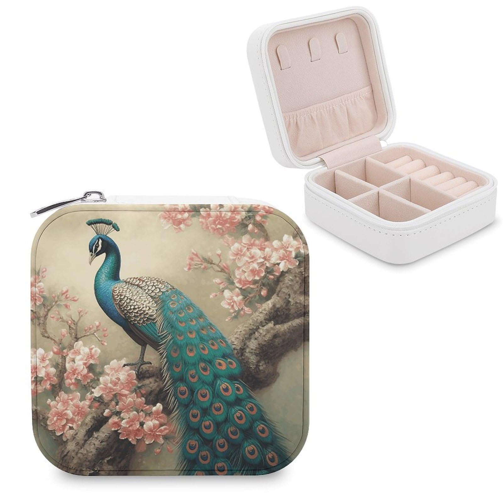 VstaDank Oriental Peacock on Flower Tree Travel Jewelry Case Zipper Portable Small Jewelry Box Custom Pu Leather Mini Traveling Jewelry Organizer for Rings Earrings Necklace Bracelet Girls Women