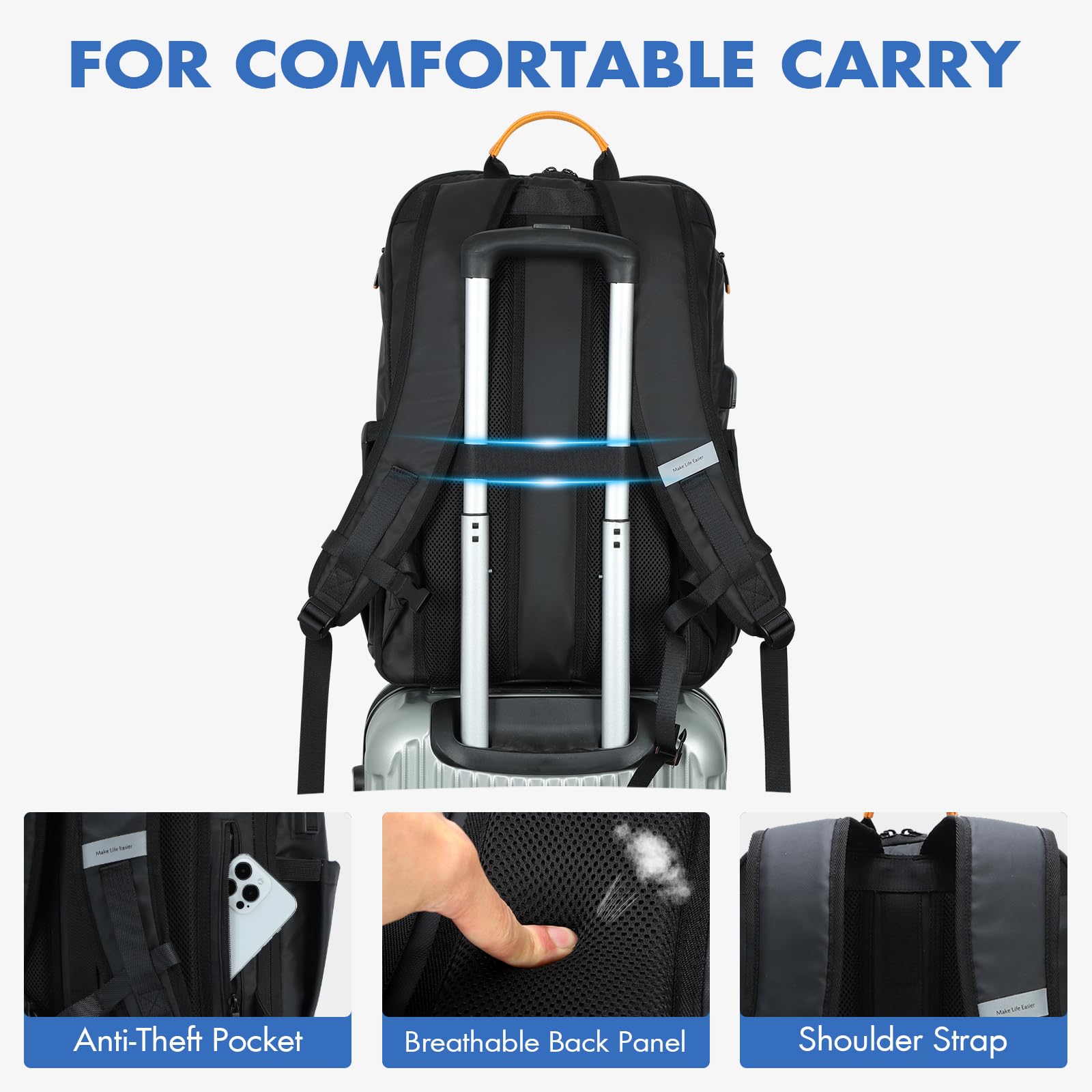Ponhog Sac à Dos Homme 40L - Grande Capacité Sac Ordinateur Portable 18,4 Pouces avec Poche Anti-Vol, Ouverture 180° et Tissu Anti-Éclaboussures, Approuvé TSA pour Voyages d'Affaires, Travail(Noir)