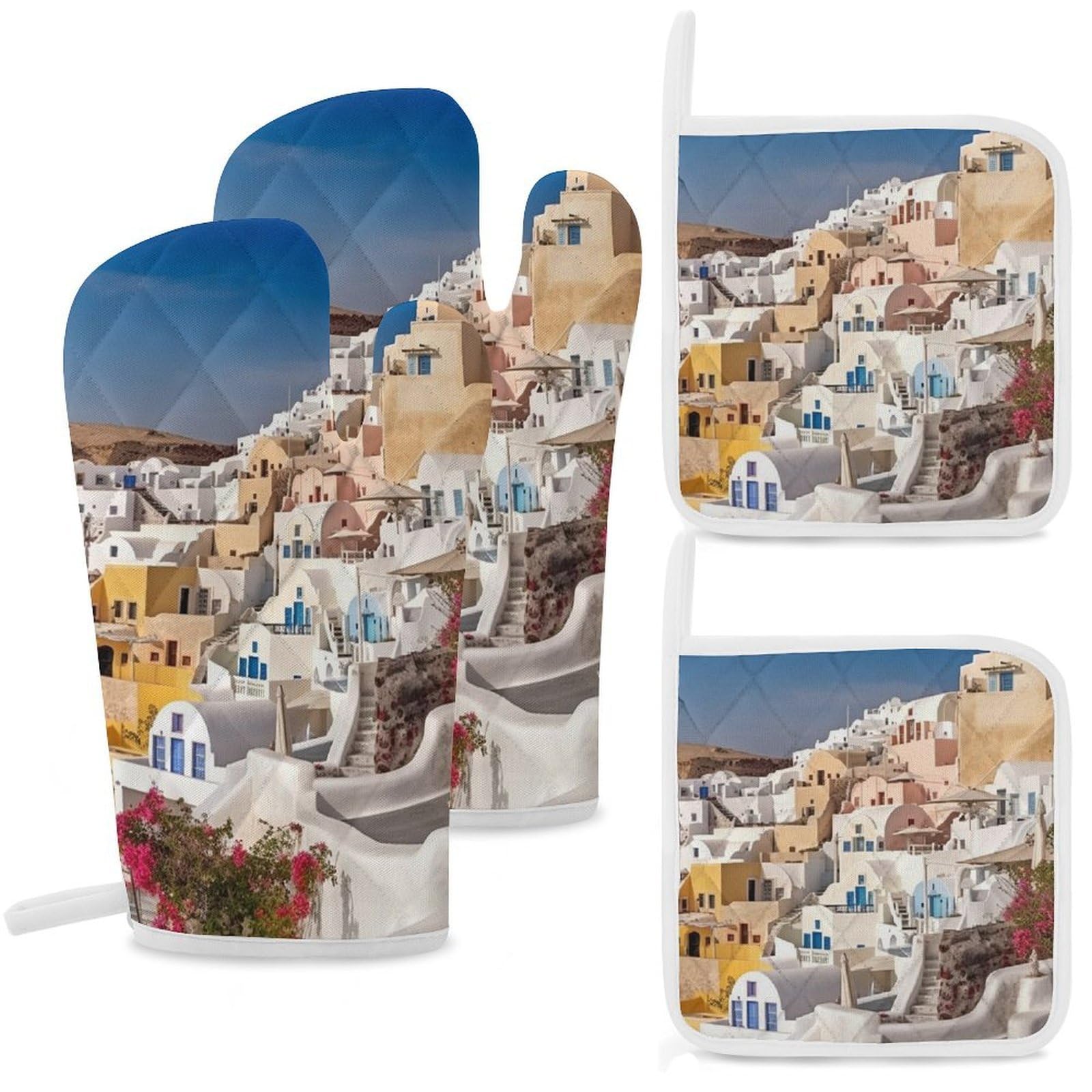 Oven Mitts and Pot Holders Set of 4 Heat Resistant Non-Slip Kitchen Gloves Hot Pads Santorini Town Mittens Gloves Non-Slip Potholders for Cooking Baking Grilling BBQ