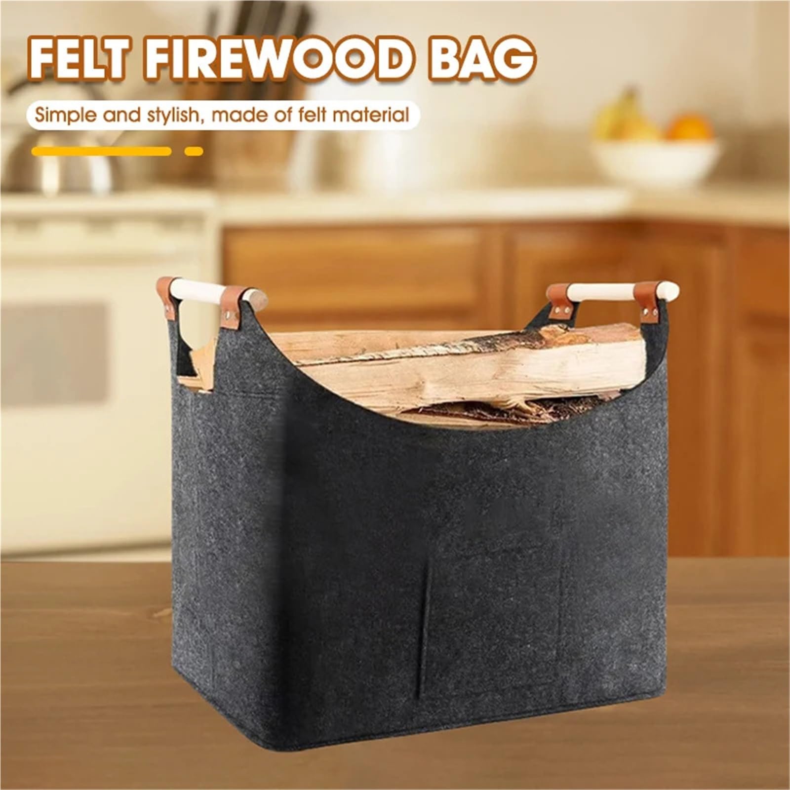 Cesta plegable for leña de fieltro, portador con asas madera, bolsa almacenamiento gran capacidad y resistente Para Interior y Exterior(45x32x40cm)