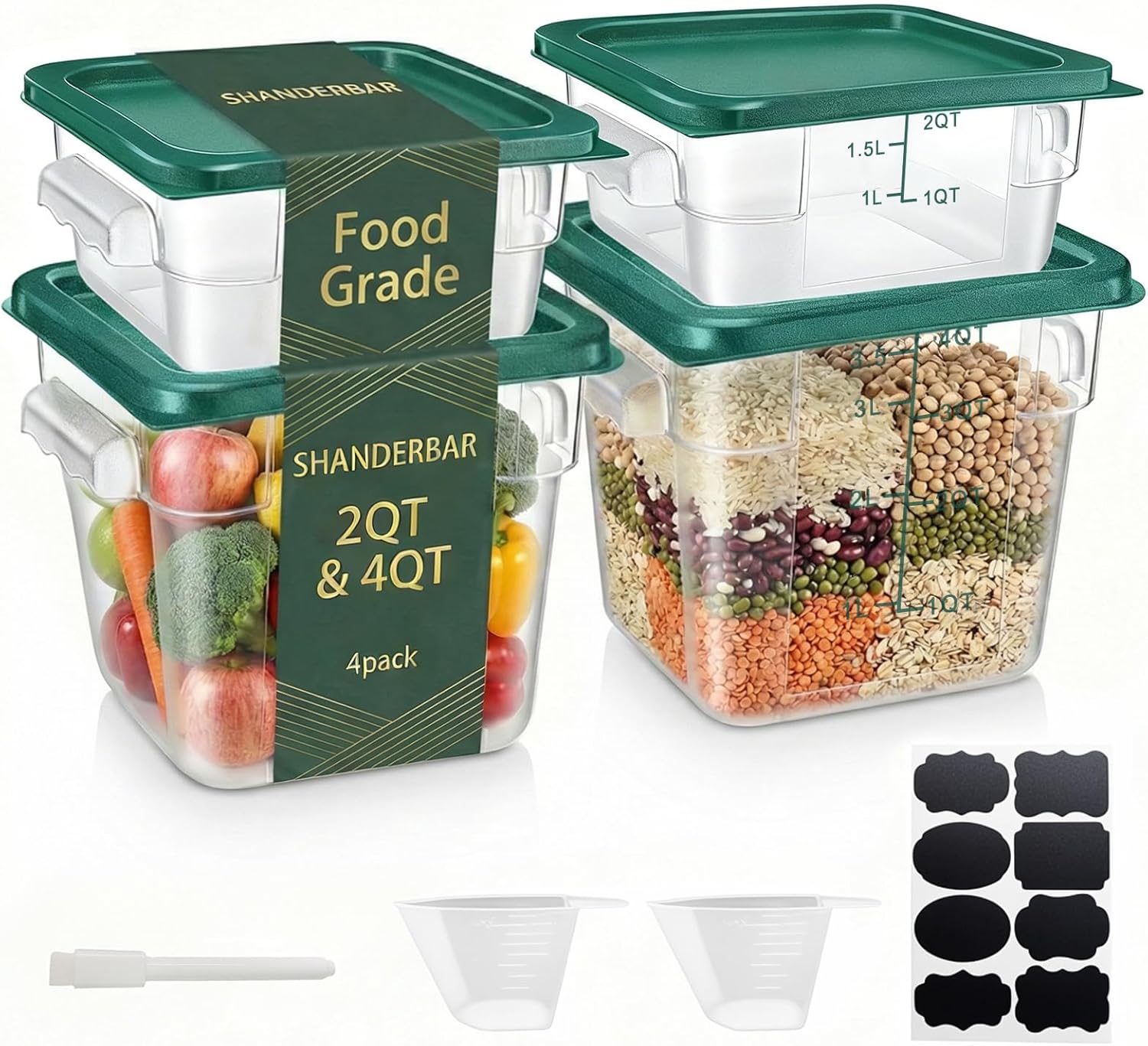 4 Pack 2QT & 4QT Food Storage Containers with Green Lids, Clear Square Restaurant Commercial Food Storage Containers with Handle and Scale, Marinating Container Dough Rising Bucket for Home & Dining